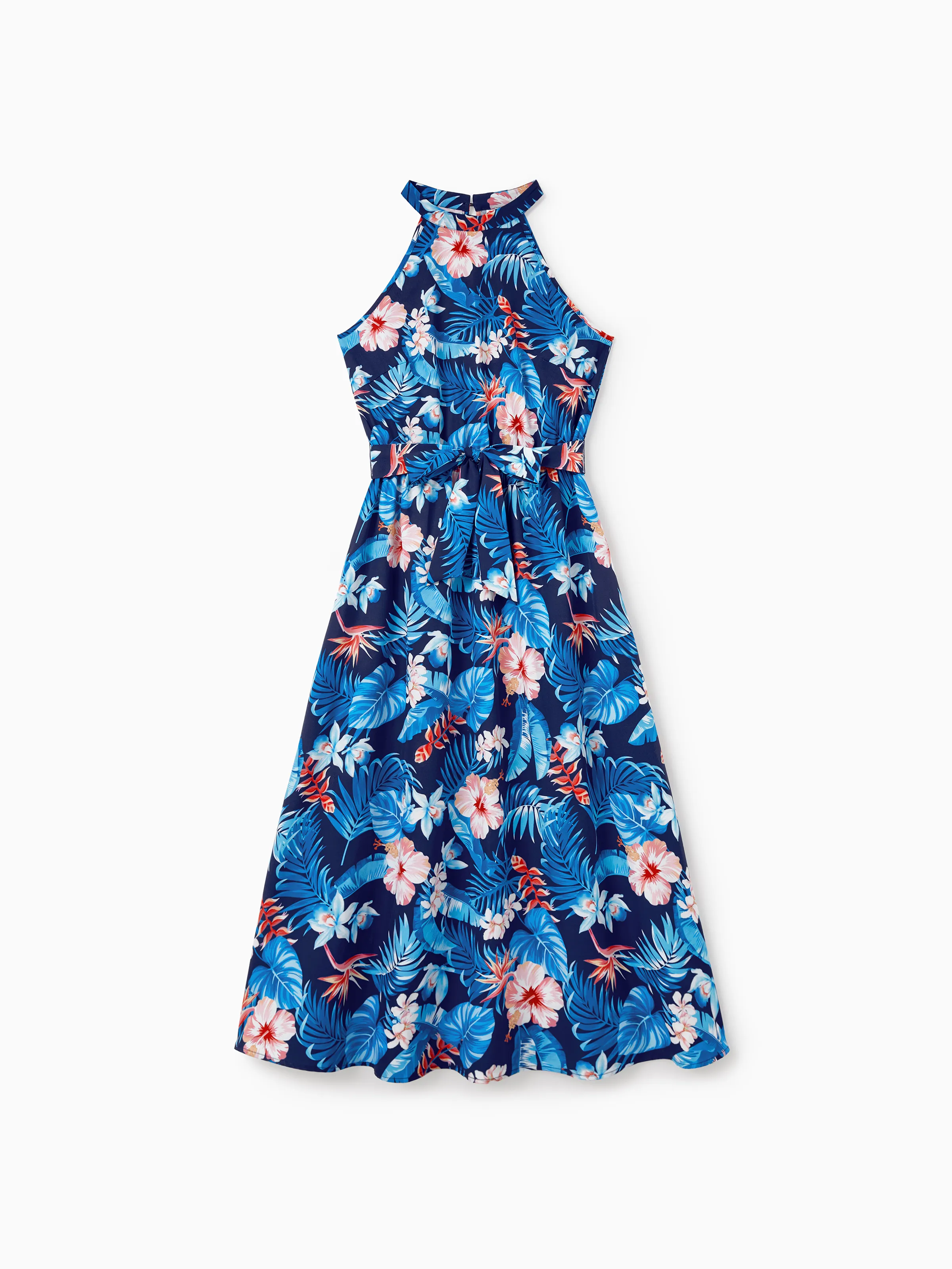 Family Matching Vacation Set Tropical Floral Print Shirt or Halter Dresses for Dad, Mom, Kids & Baby, Perfect for Summer Holidays & Family Photos Deep Blue - Image 3