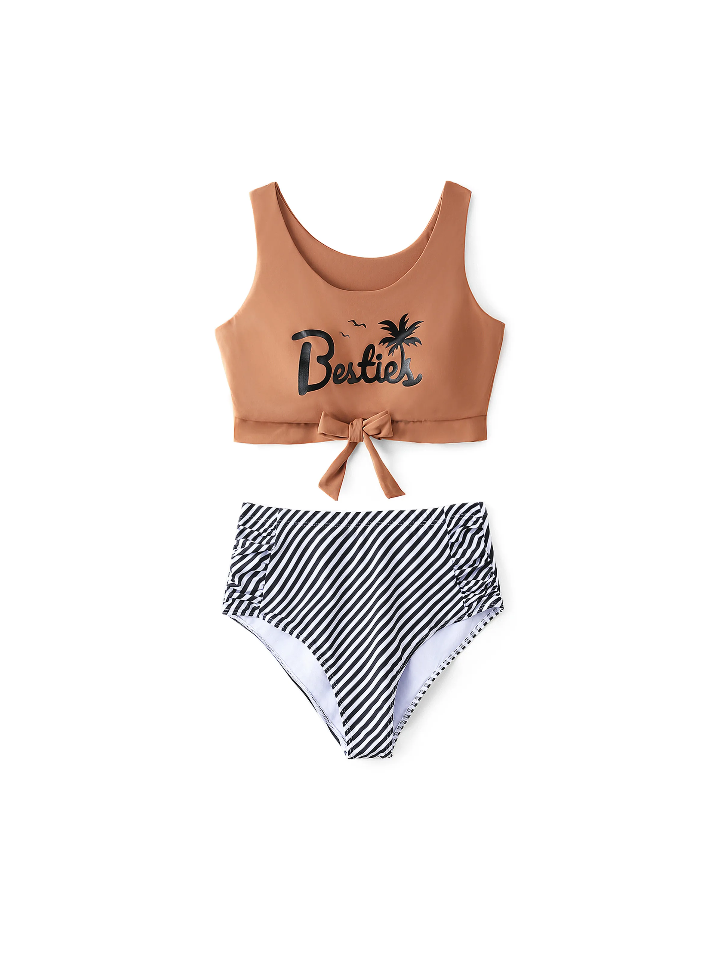 Family Matching Vertical Stripe Drawstring Swim Drunks or Besties Printed Crop Tank Bikini Khaki - Image 2