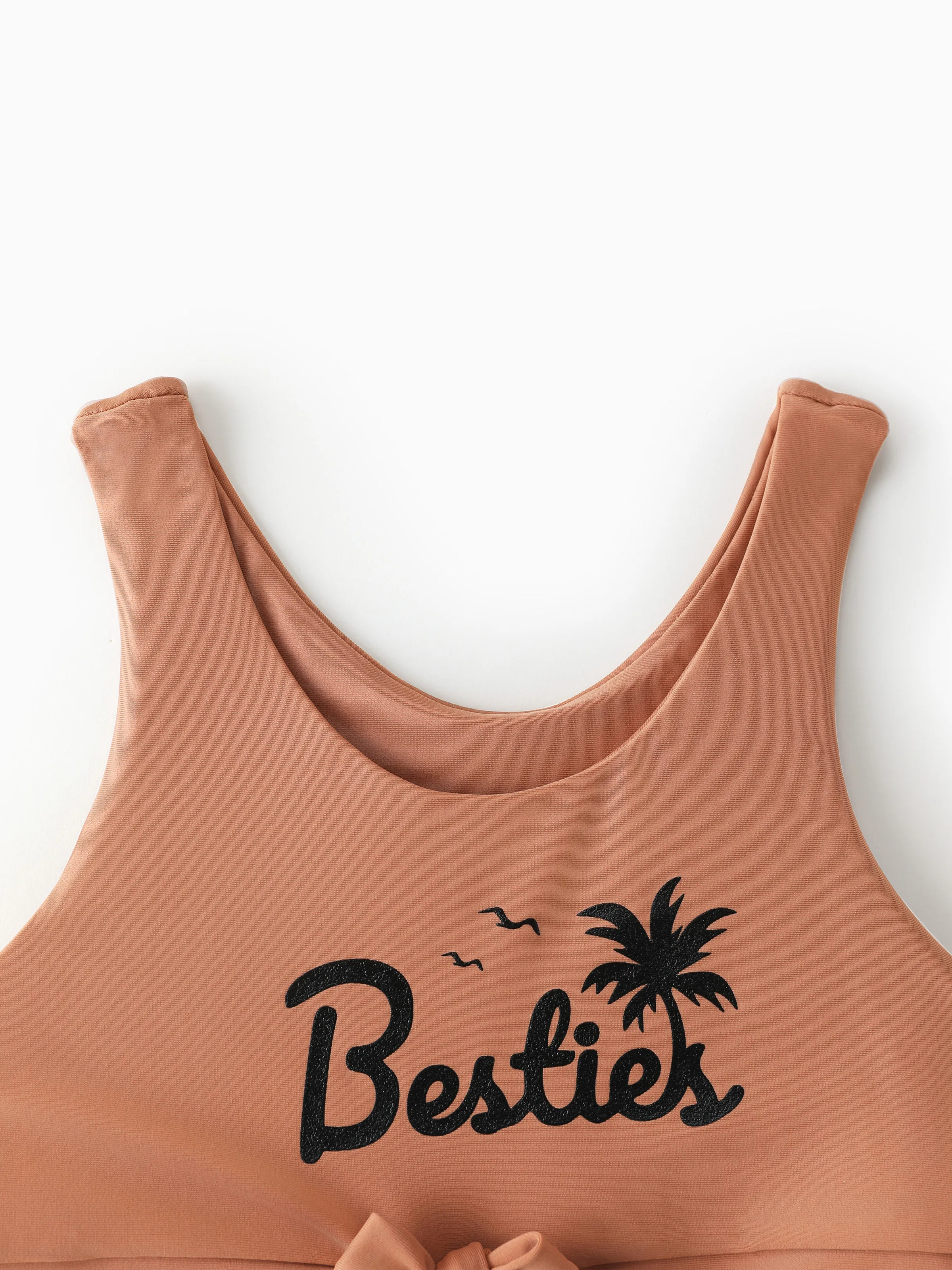 Family Matching Vertical Stripe Drawstring Swim Drunks or Besties Printed Crop Tank Bikini Khaki - Image 9
