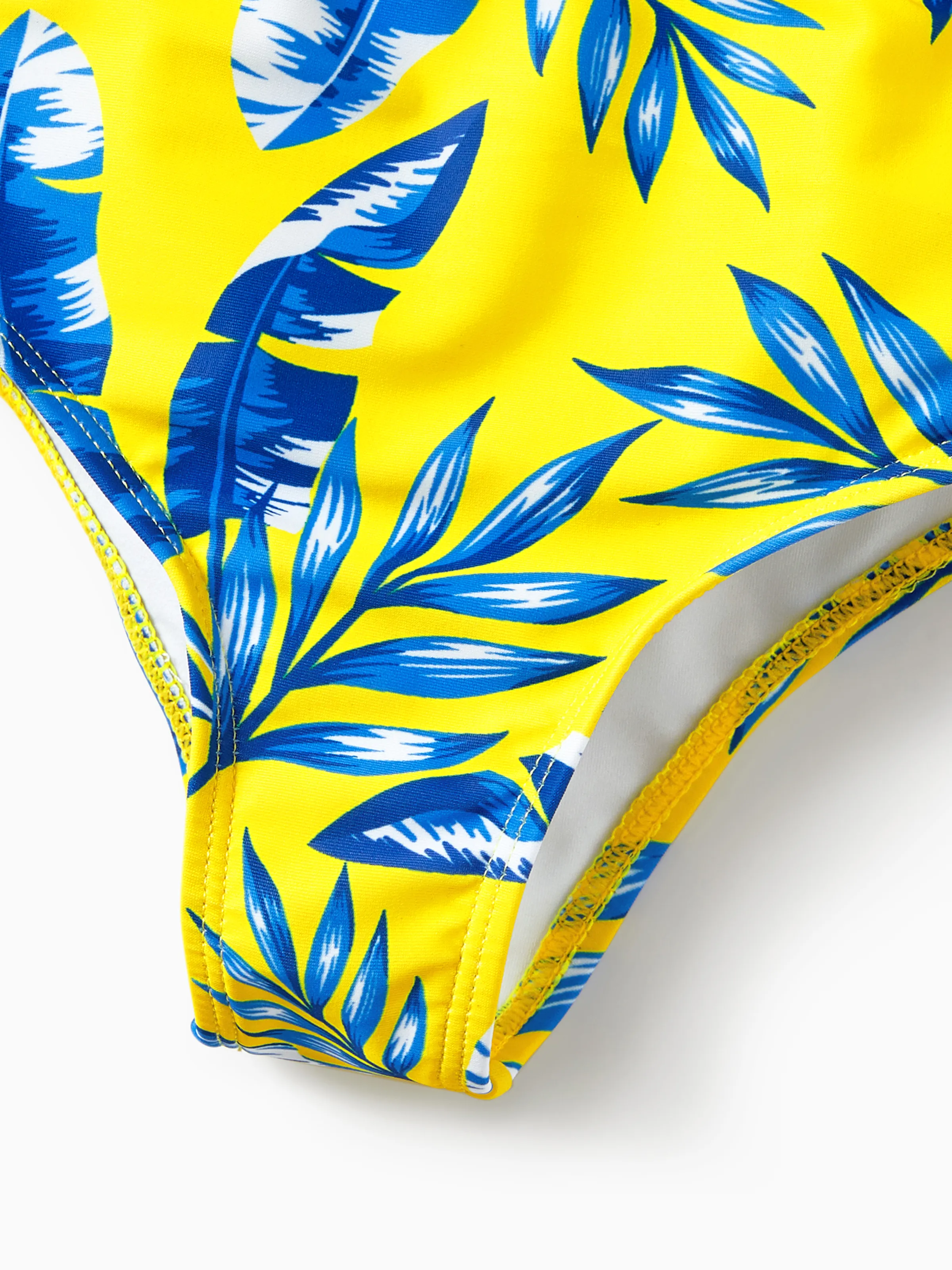 Family Matching Yellow Leaf Print Swim Trunks or Ruched Flutter Sleeve Bikini with Optional Swim Cover Up Yellow - Image 11