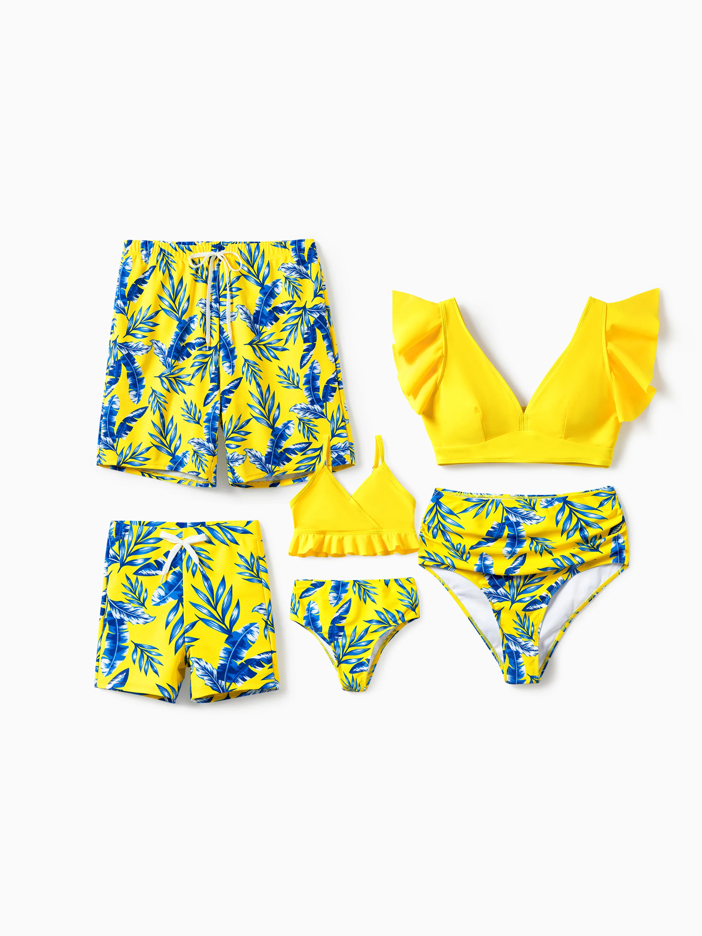 Family Matching Yellow Leaf Print Swim Trunks or Ruched Flutter Sleeve Bikini with Optional Swim Cover Up Yellow - Image 17