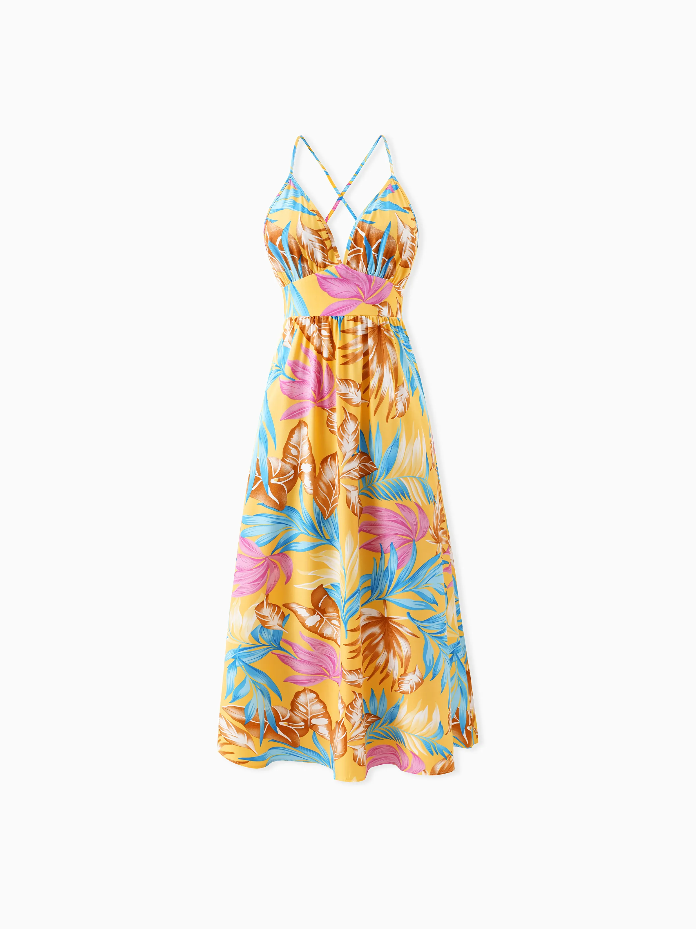 Family Matching Yellow Set Tropical Leaf Print Short-sleeve Shirt or Strap Dress Yellow - Image 2