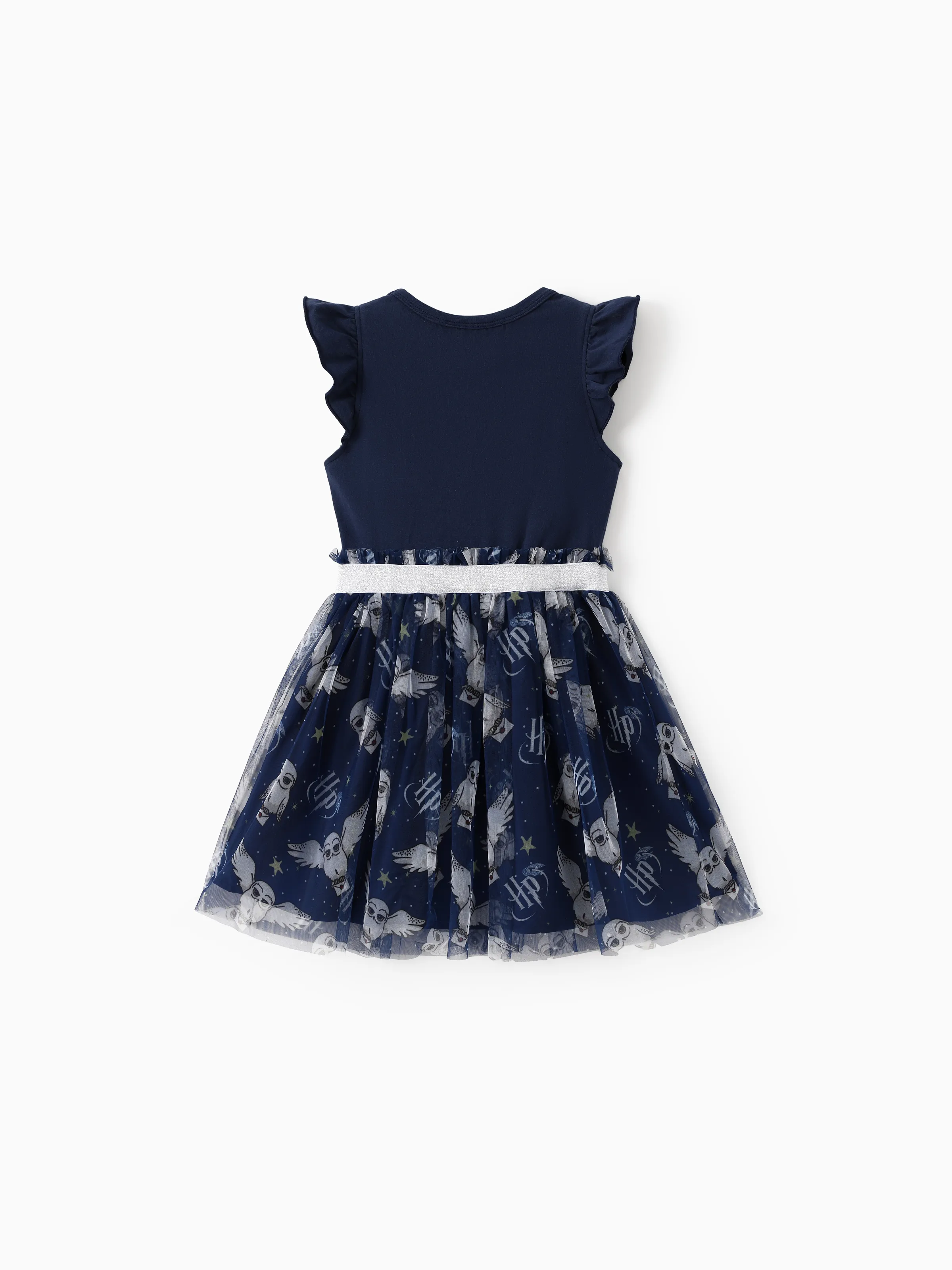 Harry Potter Toddler/Kid Girl Cotton Owl/College Print Ruffle-sleeve Mesh Dress Deep Blue - Image 4