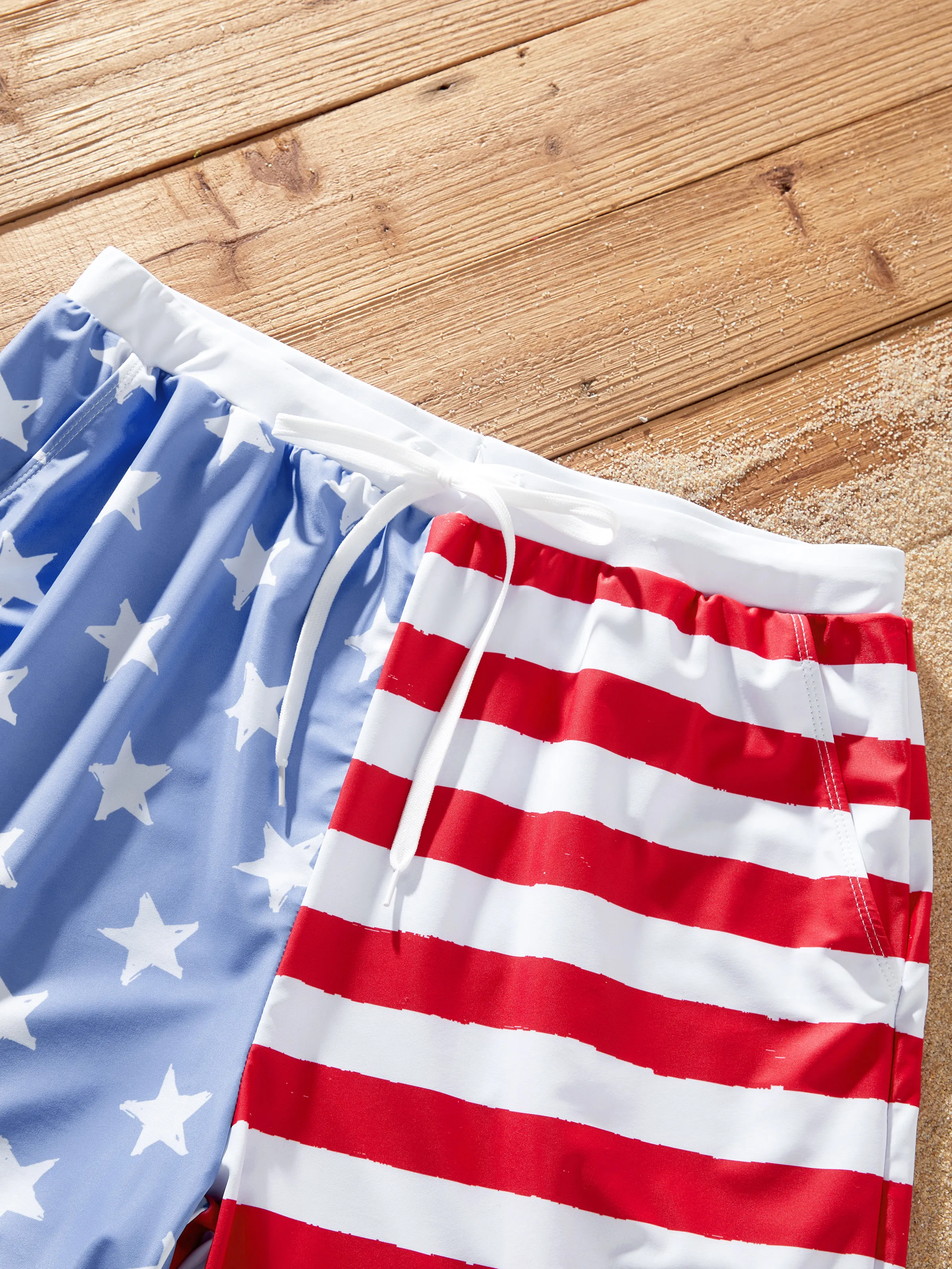Independence Day 4th of July Daddy & Daughter Patriotic Swimwear Stars and Stripes Board Shorts or Ruffled Layers V-neck One-Piece Swimsuits Blue - Image 6