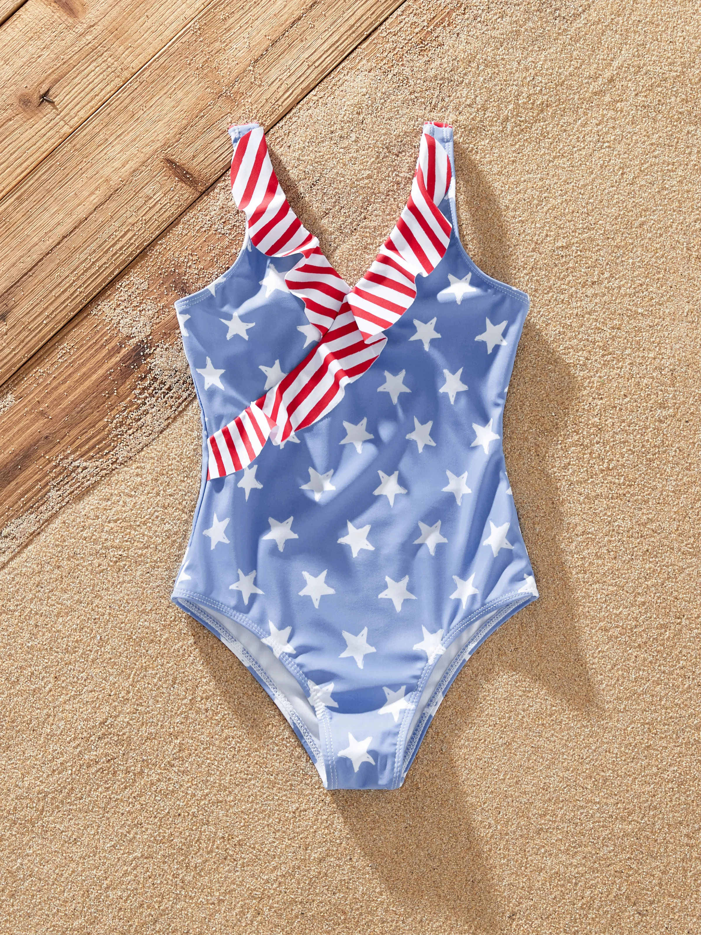 Independence Day 4th of July Family Matching Patriotic Swimwear Stars and Stripes Board Shorts or Ruffled Layers V-neck One-Piece Swimsuits Blue - Image 12