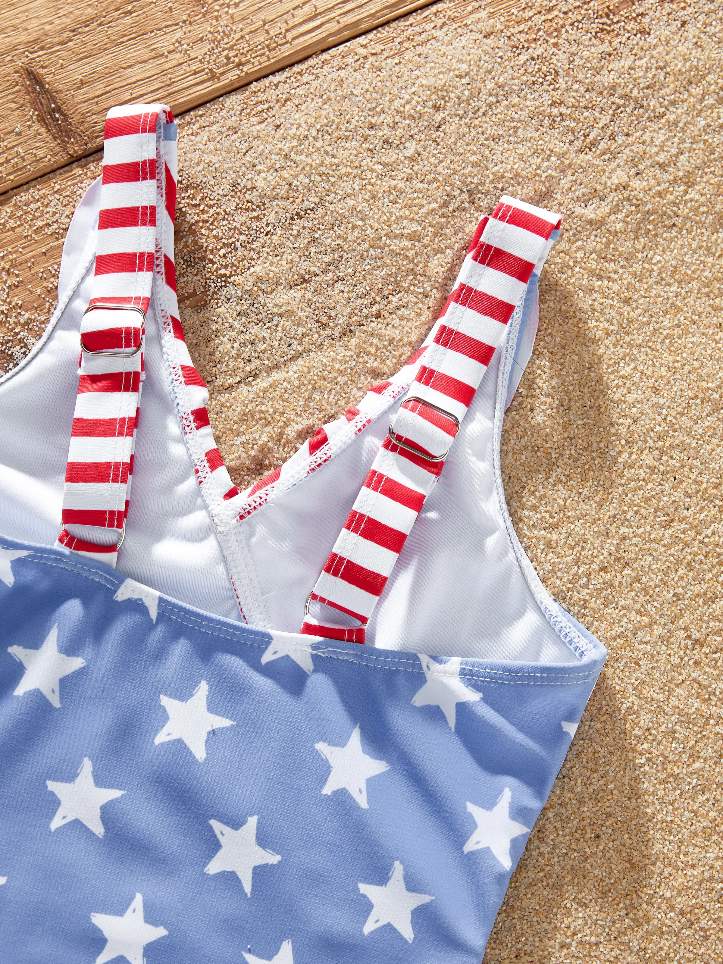 Independence Day 4th of July Family Matching Patriotic Swimwear Stars and Stripes Board Shorts or Ruffled Layers V-neck One-Piece Swimsuits Blue - Image 15
