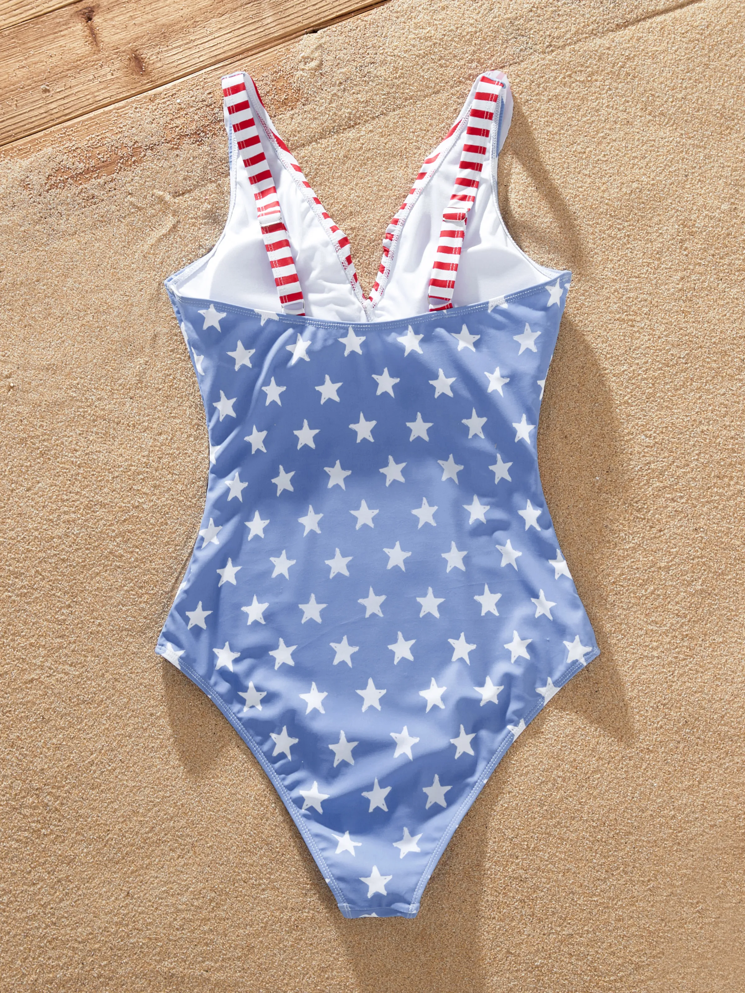 Independence Day 4th of July Family Matching Patriotic Swimwear Stars and Stripes Board Shorts or Ruffled Layers V-neck One-Piece Swimsuits Blue - Image 6