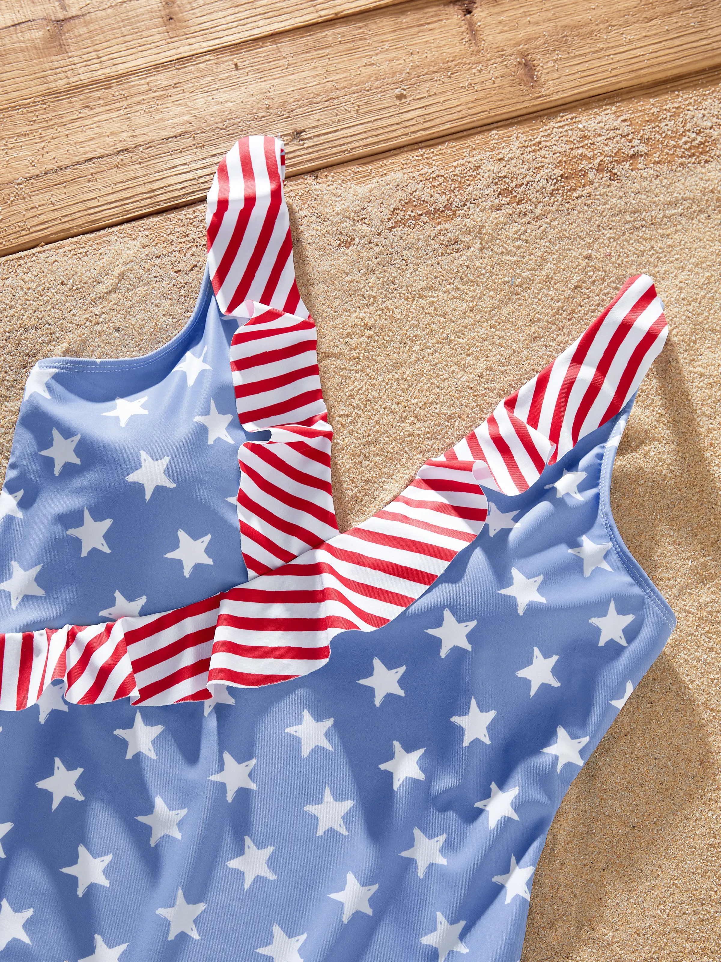 Independence Day 4th of July Family Matching Patriotic Swimwear Stars and Stripes Board Shorts or Ruffled Layers V-neck One-Piece Swimsuits Blue - Image 7