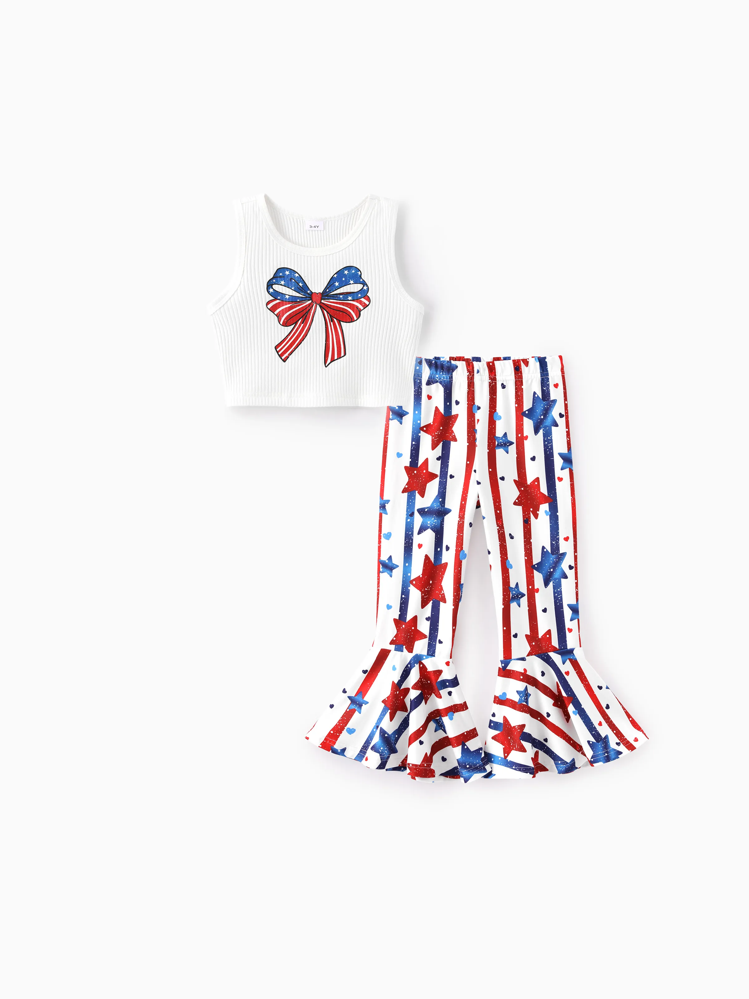 Independence Day Toddler Girls 2pcs Patriotic Bow Print Top and Star Printed Flare Pants Set White - Image 3