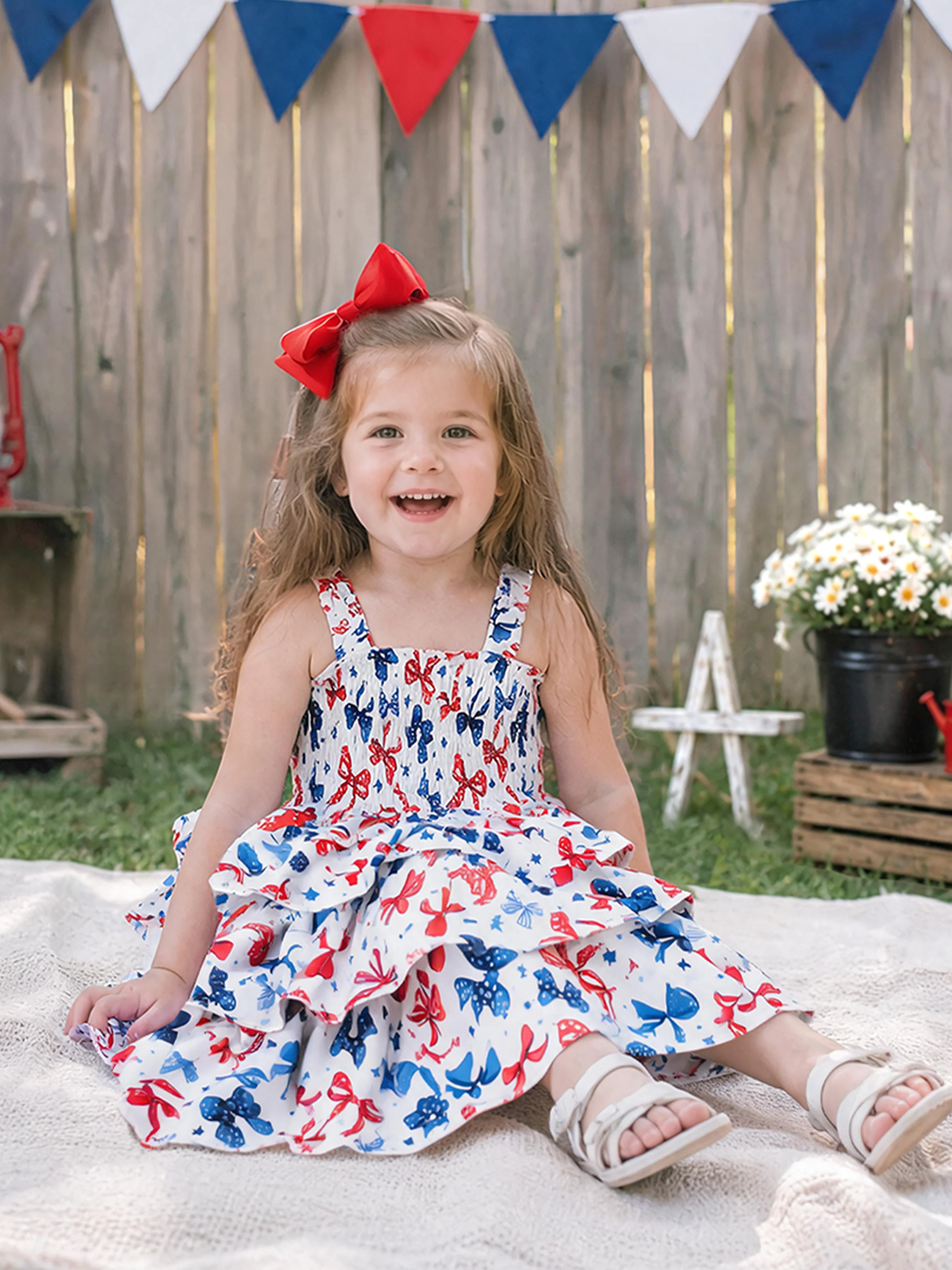 Independence Day Toddler Girls Patriotic Bow Print Smocking Dress White - Image 2