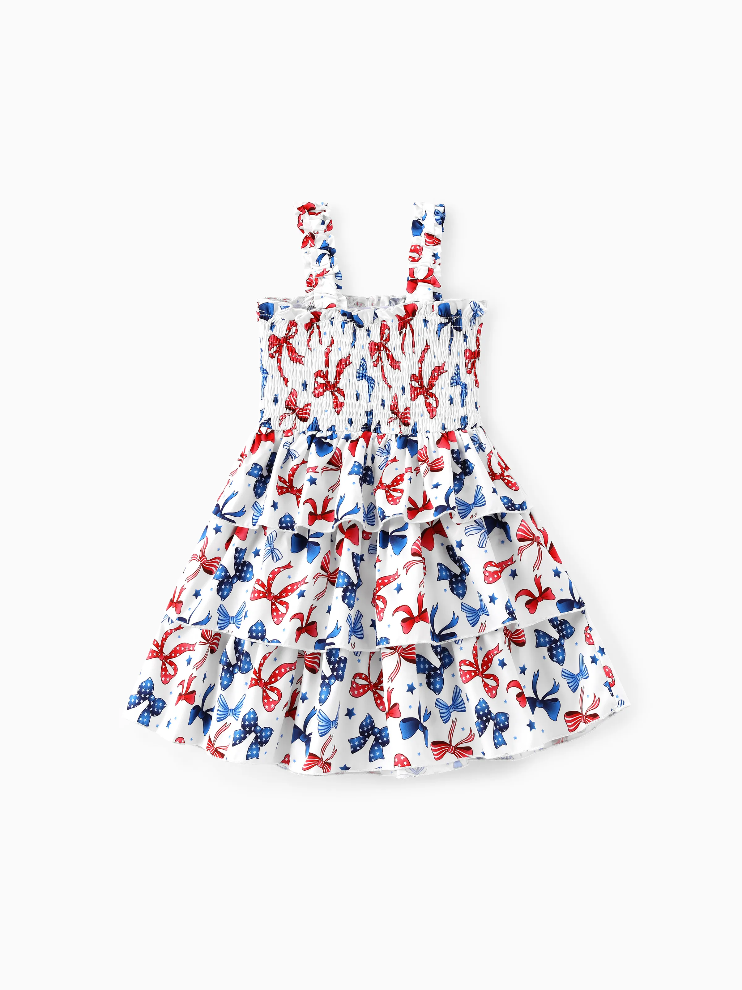 Independence Day Toddler Girls Patriotic Bow Print Smocking Dress White - Image 4