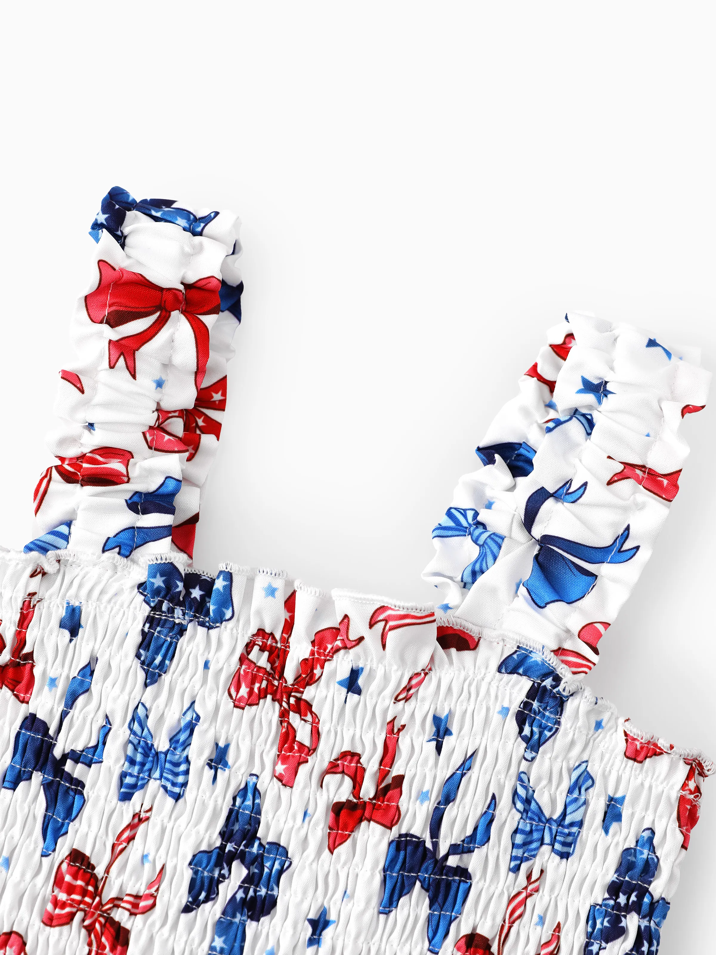 Independence Day Toddler Girls Patriotic Bow Print Smocking Dress White - Image 5