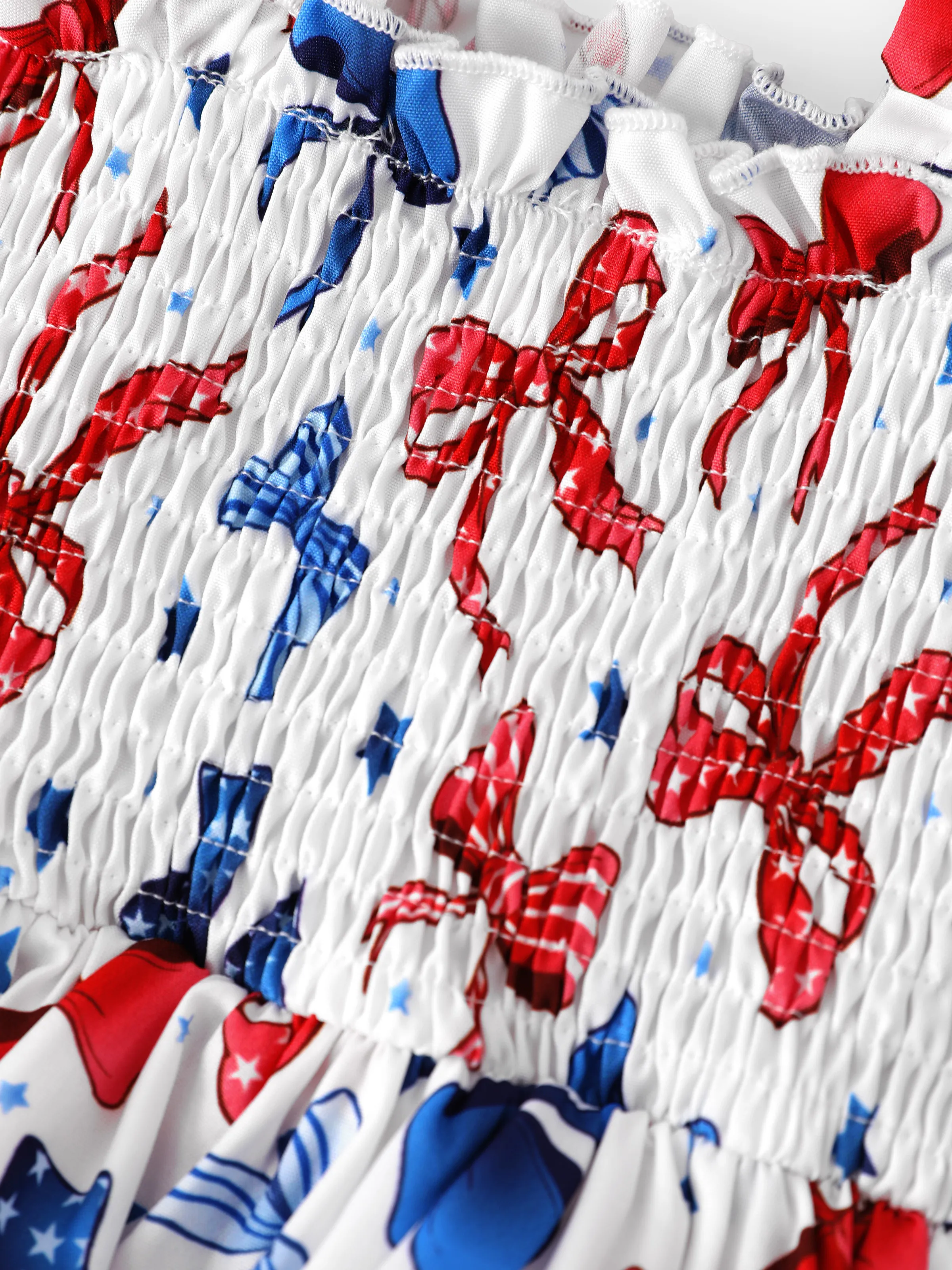 Independence Day Toddler Girls Patriotic Bow Print Smocking Dress White - Image 6