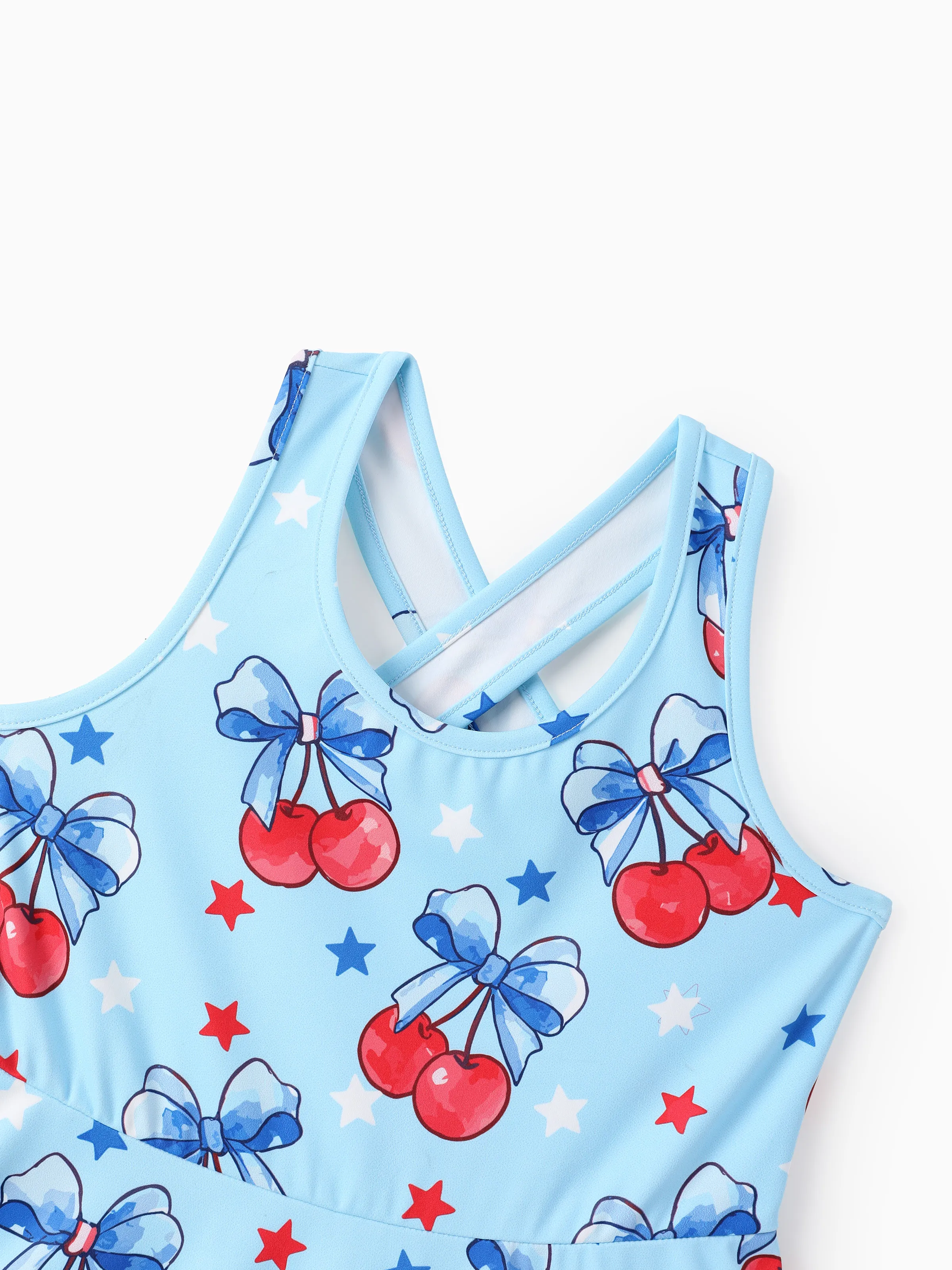 Independence Day Toddler Girls Patriotic Cherry/Star Print Casual Sleeveless Dress Light Blue - Image 2