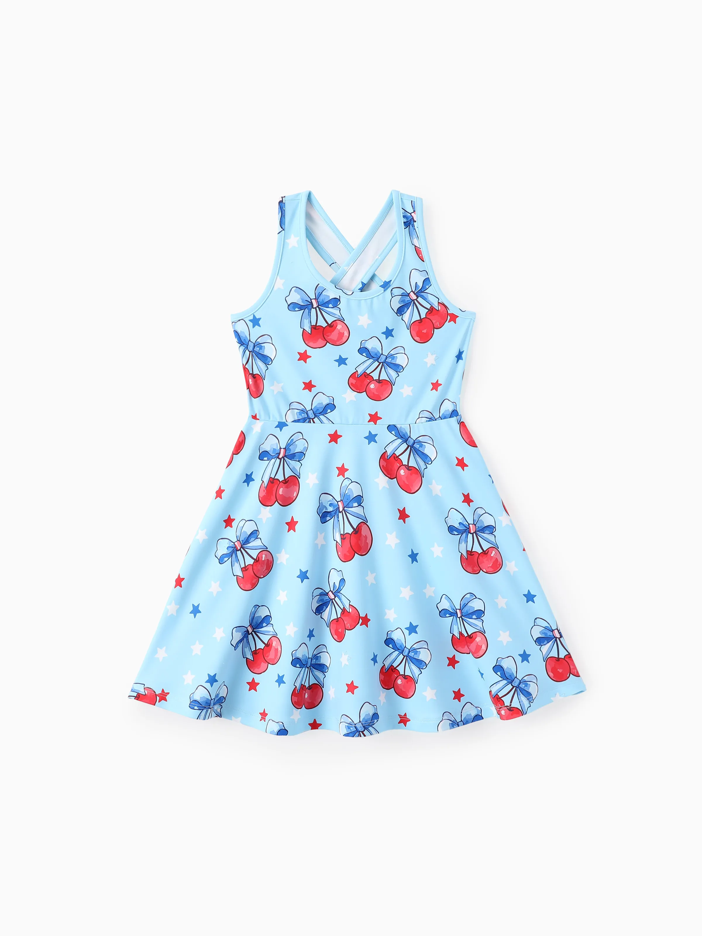 Independence Day Toddler Girls Patriotic Cherry/Star Print Casual Sleeveless Dress Light Blue - Image 3