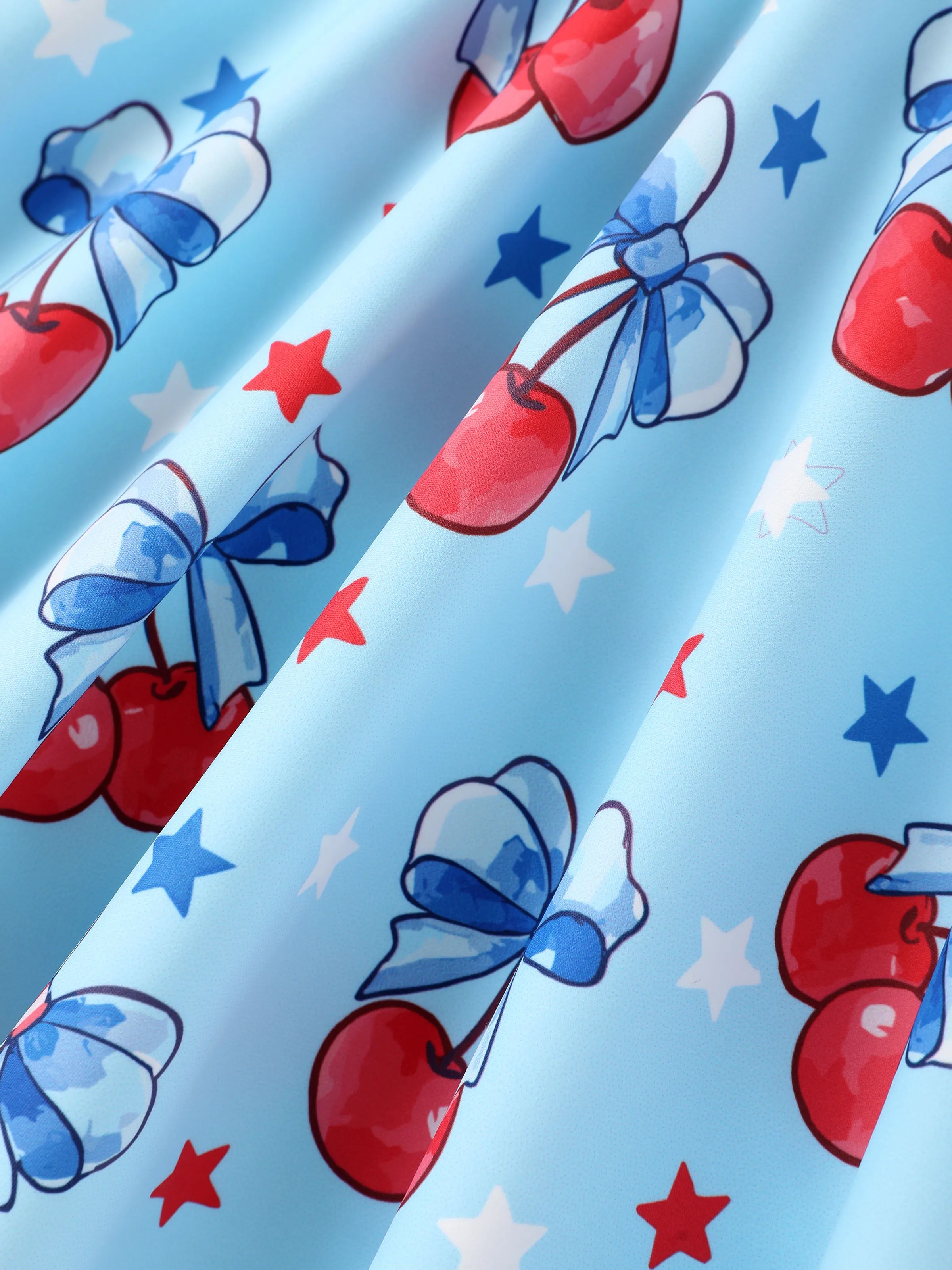 Independence Day Toddler Girls Patriotic Cherry/Star Print Casual Sleeveless Dress Light Blue - Image 6