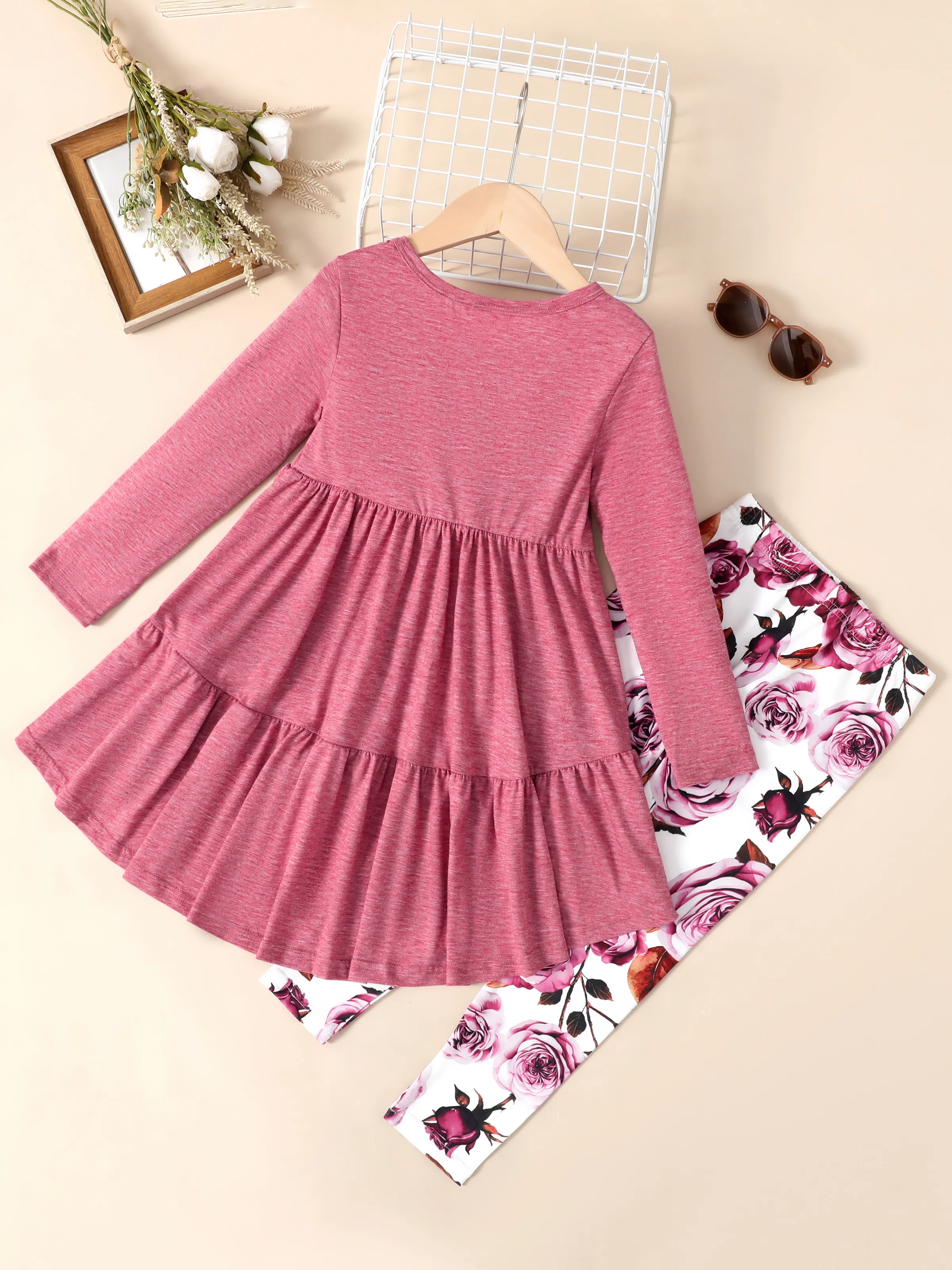 Kid Girl 2pcs Ruffled Irregular Top and Floral Print Leggings Set Roseo - Image 11