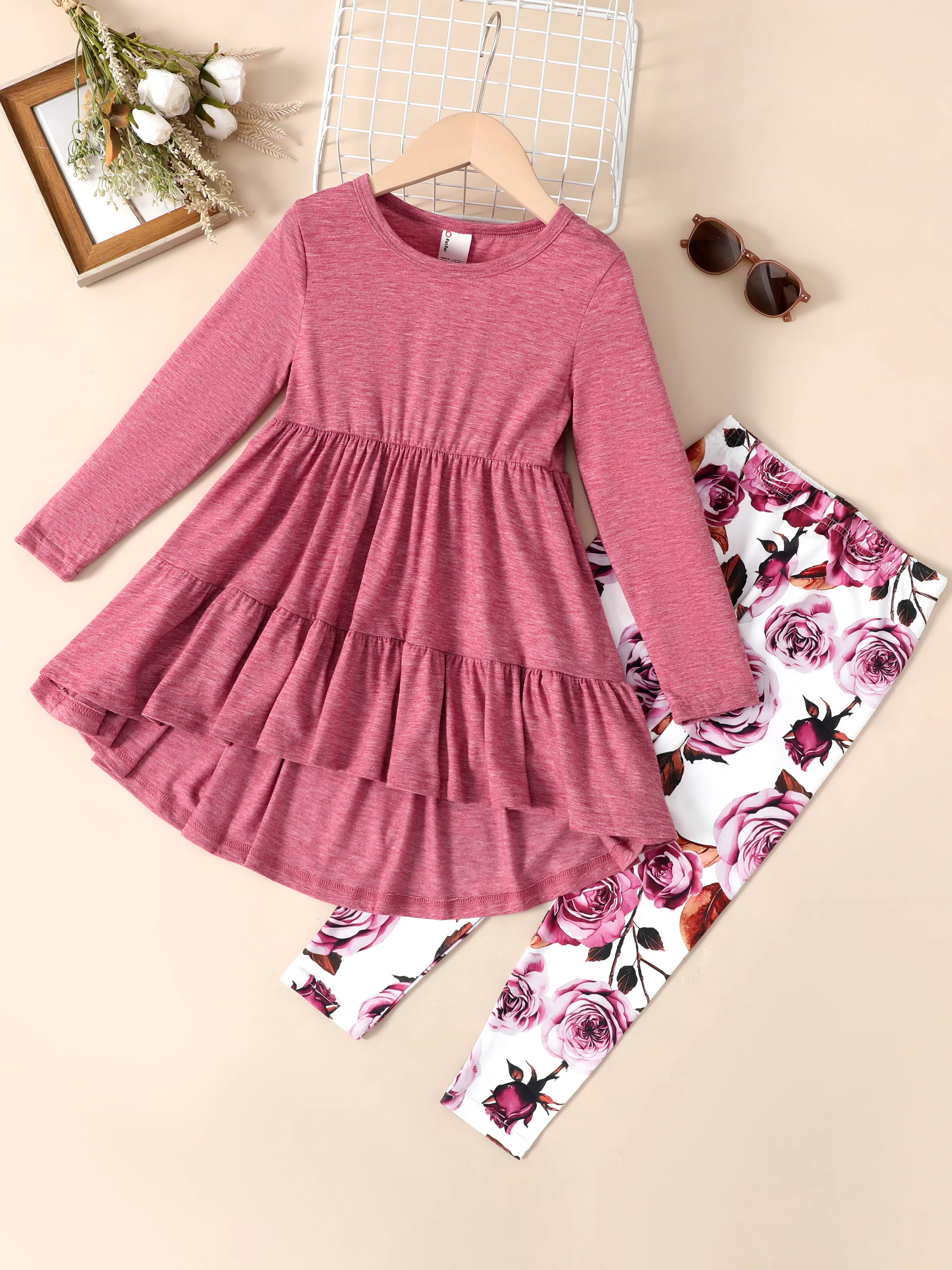 Kid Girl 2pcs Ruffled Irregular Top and Floral Print Leggings Set Roseo - Image 13