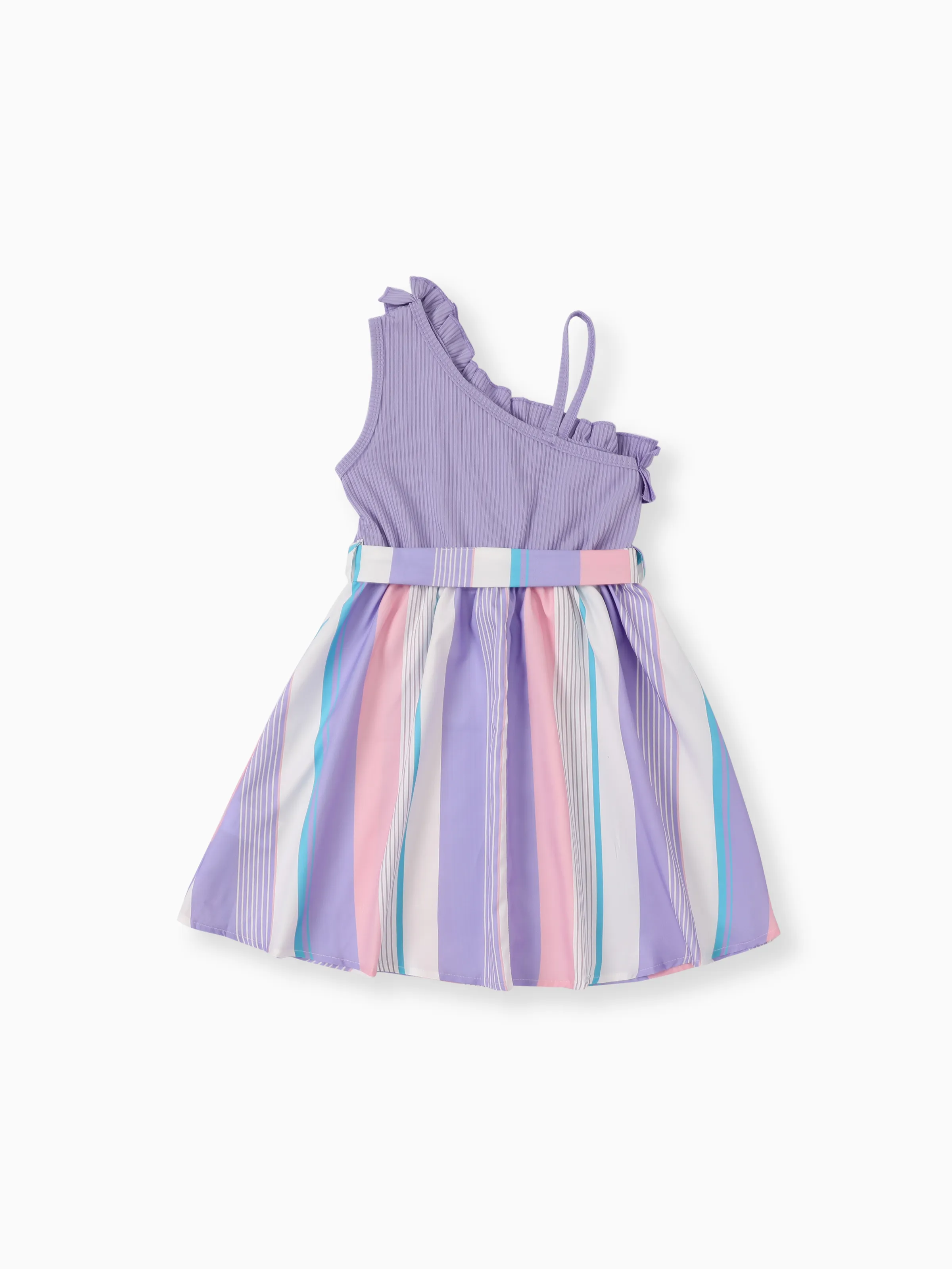 Kid Girl Colorful Striped Belted Ribbed Ruffle Slip Dress Purple - Image 2