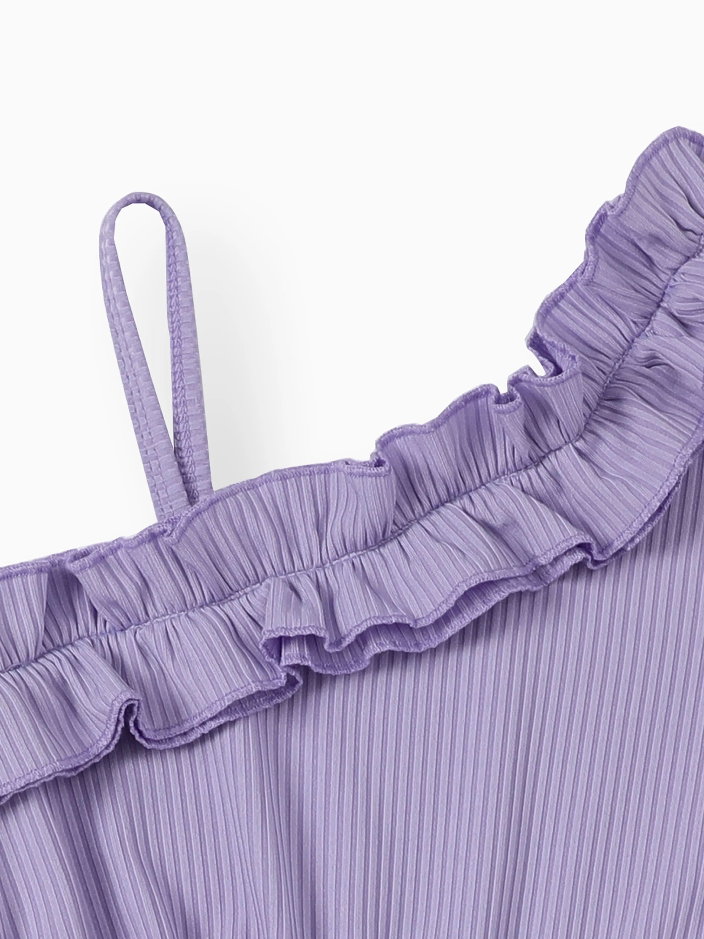 Kid Girl Colorful Striped Belted Ribbed Ruffle Slip Dress Purple - Image 3