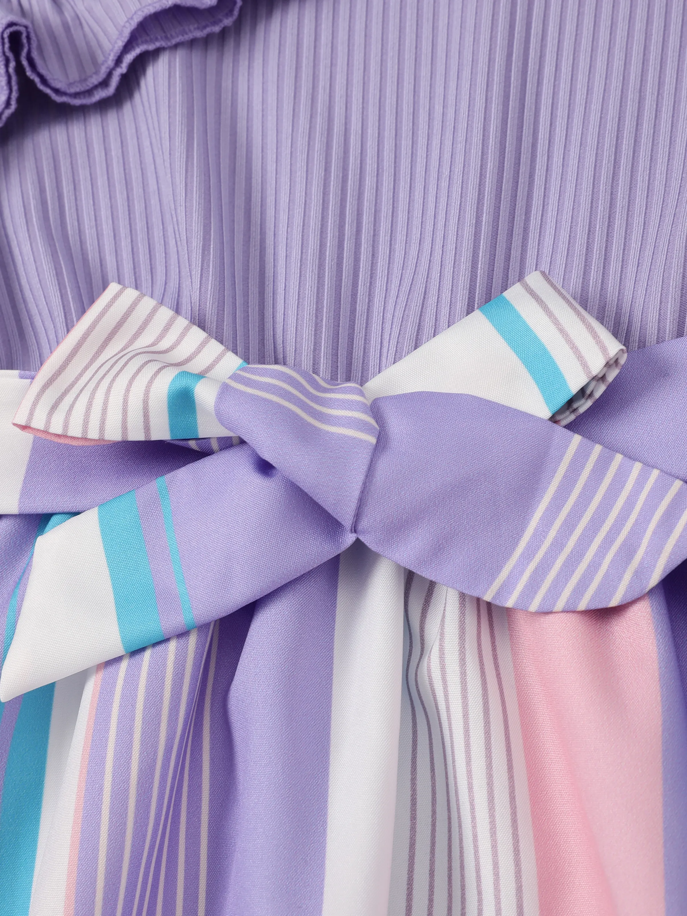 Kid Girl Colorful Striped Belted Ribbed Ruffle Slip Dress Purple - Image 5