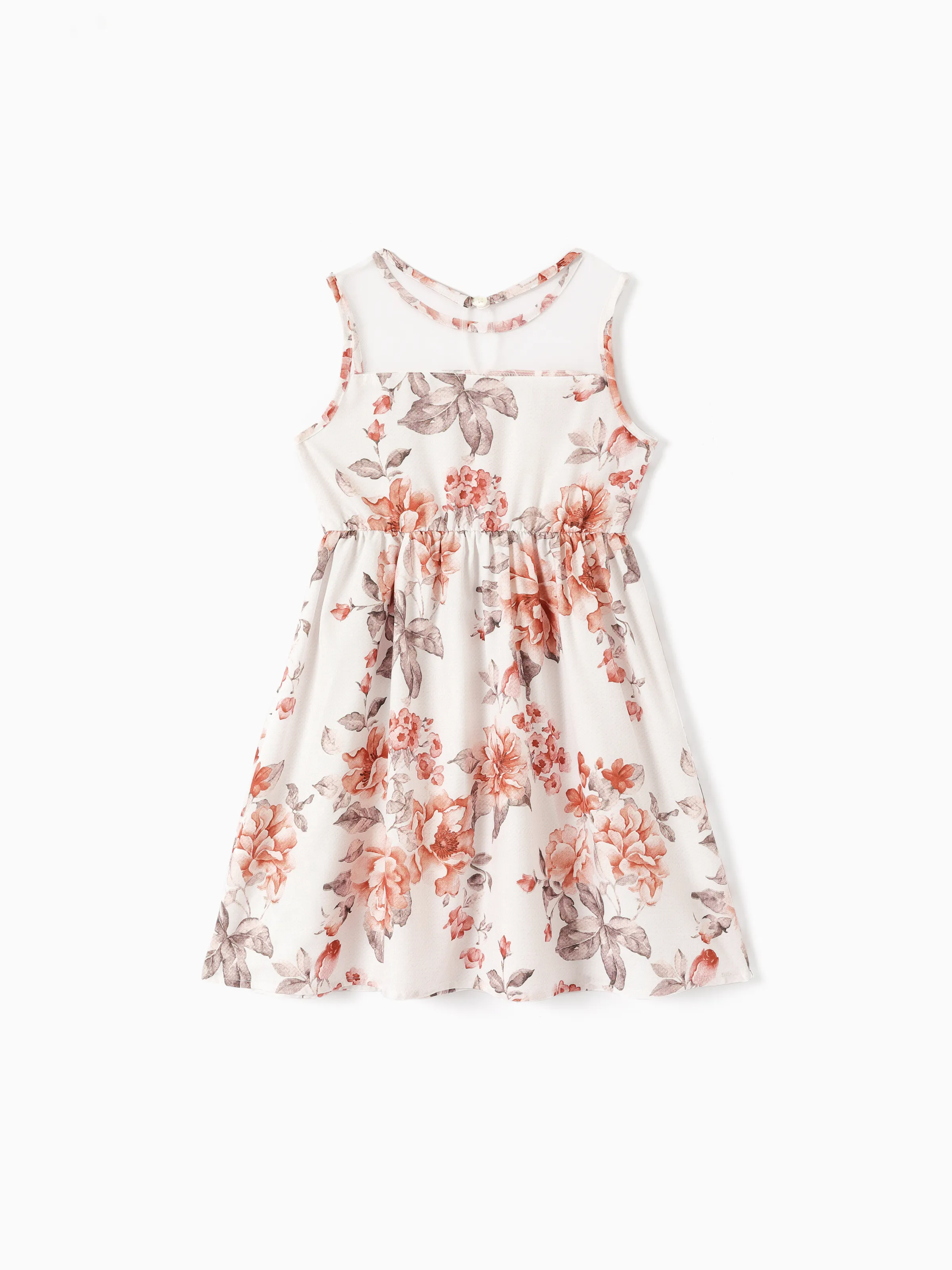 Kid Girl Floral Print Mesh Design Sleeveless Dress DarkOrange - Image 2
