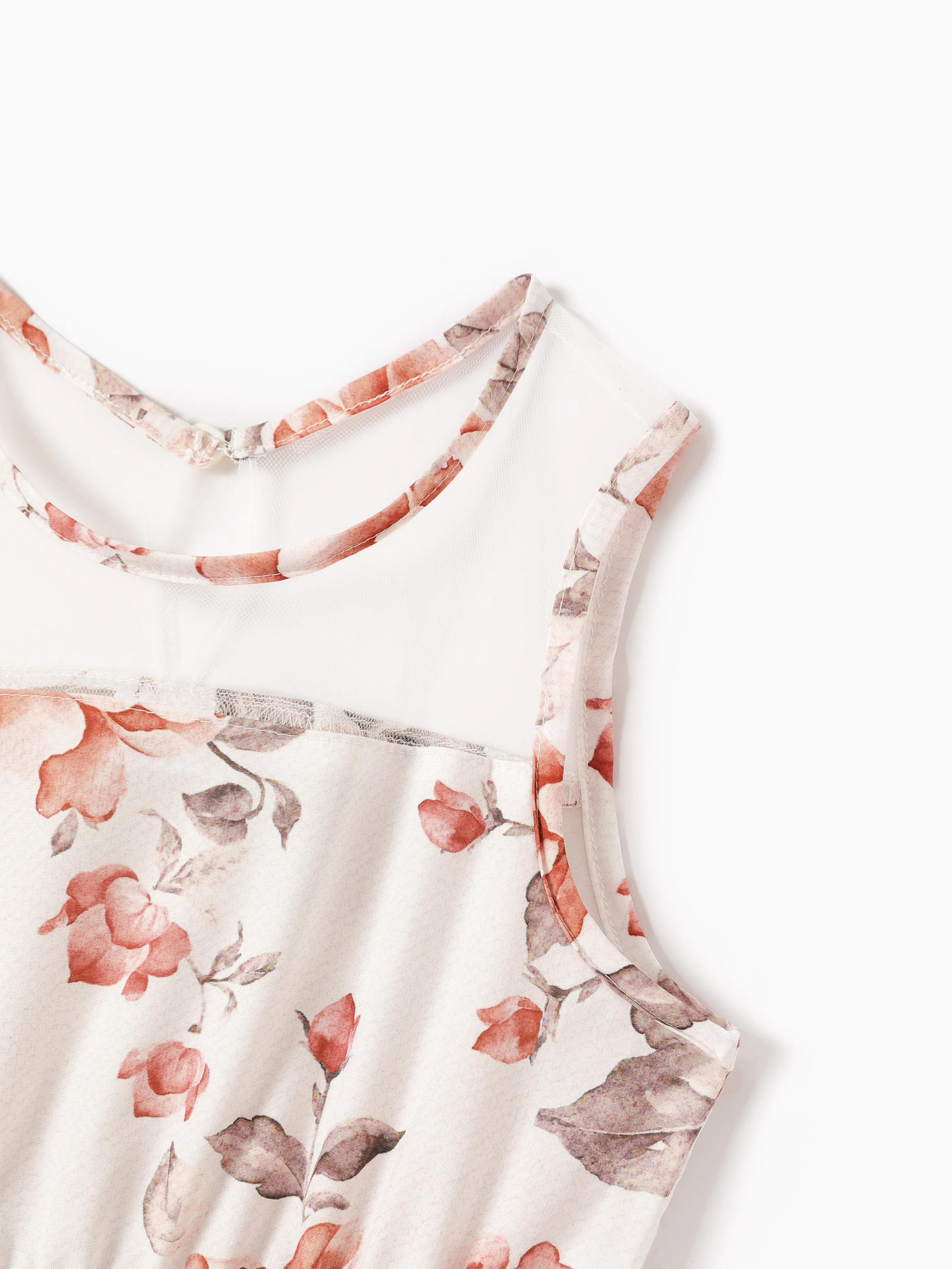 Kid Girl Floral Print Mesh Design Sleeveless Dress DarkOrange - Image 4