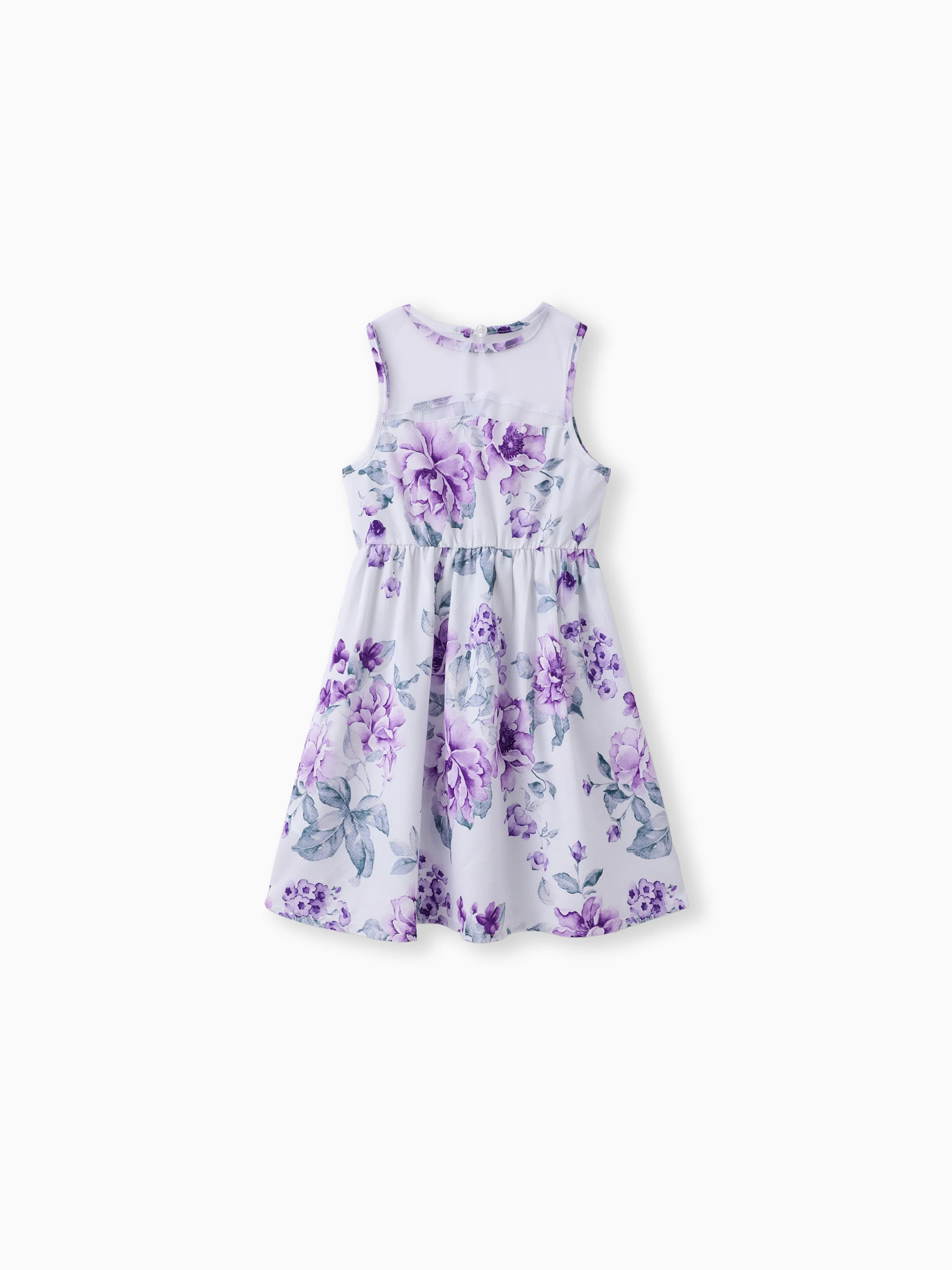 Kid Girl Floral Print Mesh Design Sleeveless Dress Purple - Image 2