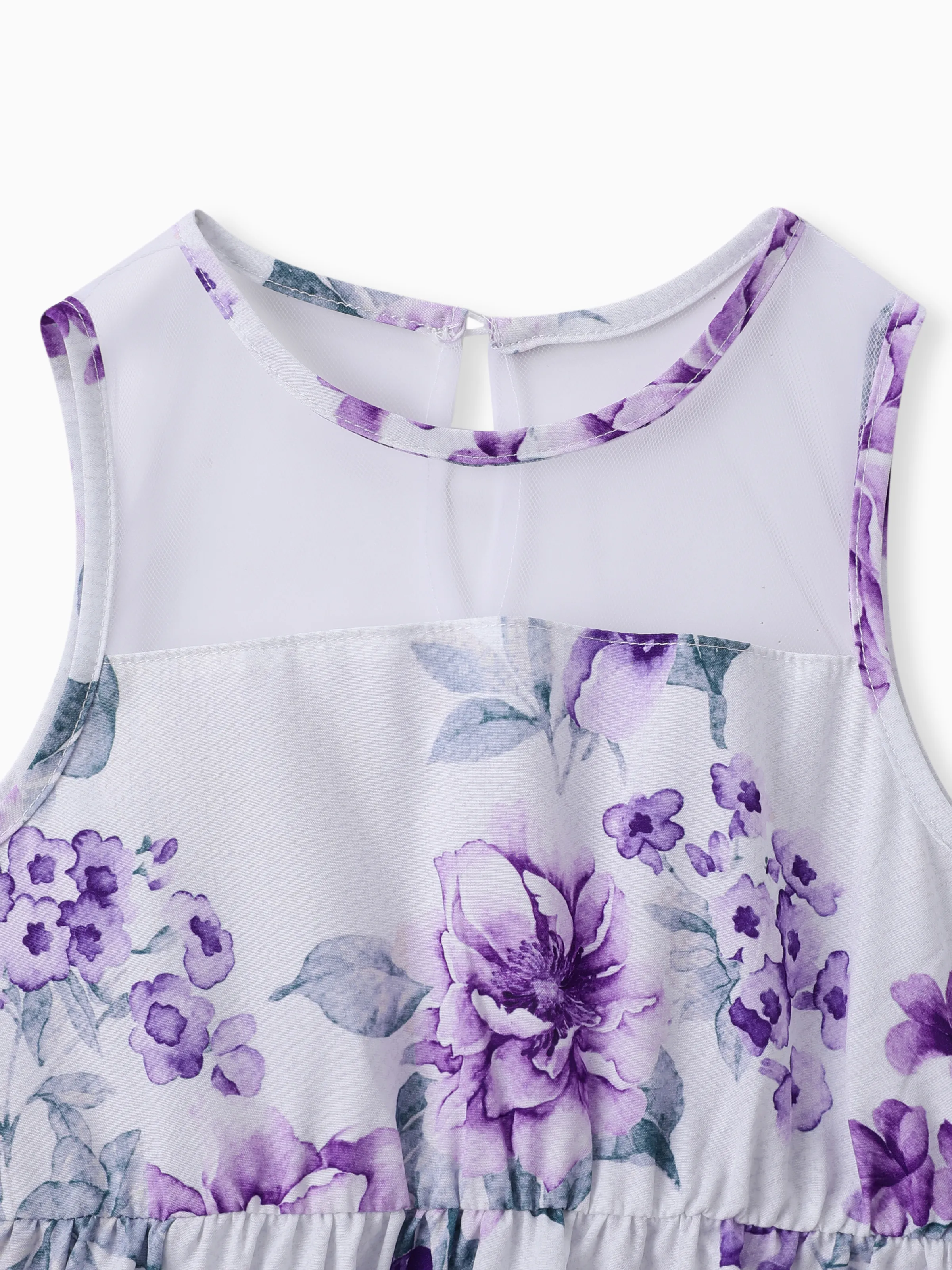 Kid Girl Floral Print Mesh Design Sleeveless Dress Purple - Image 3