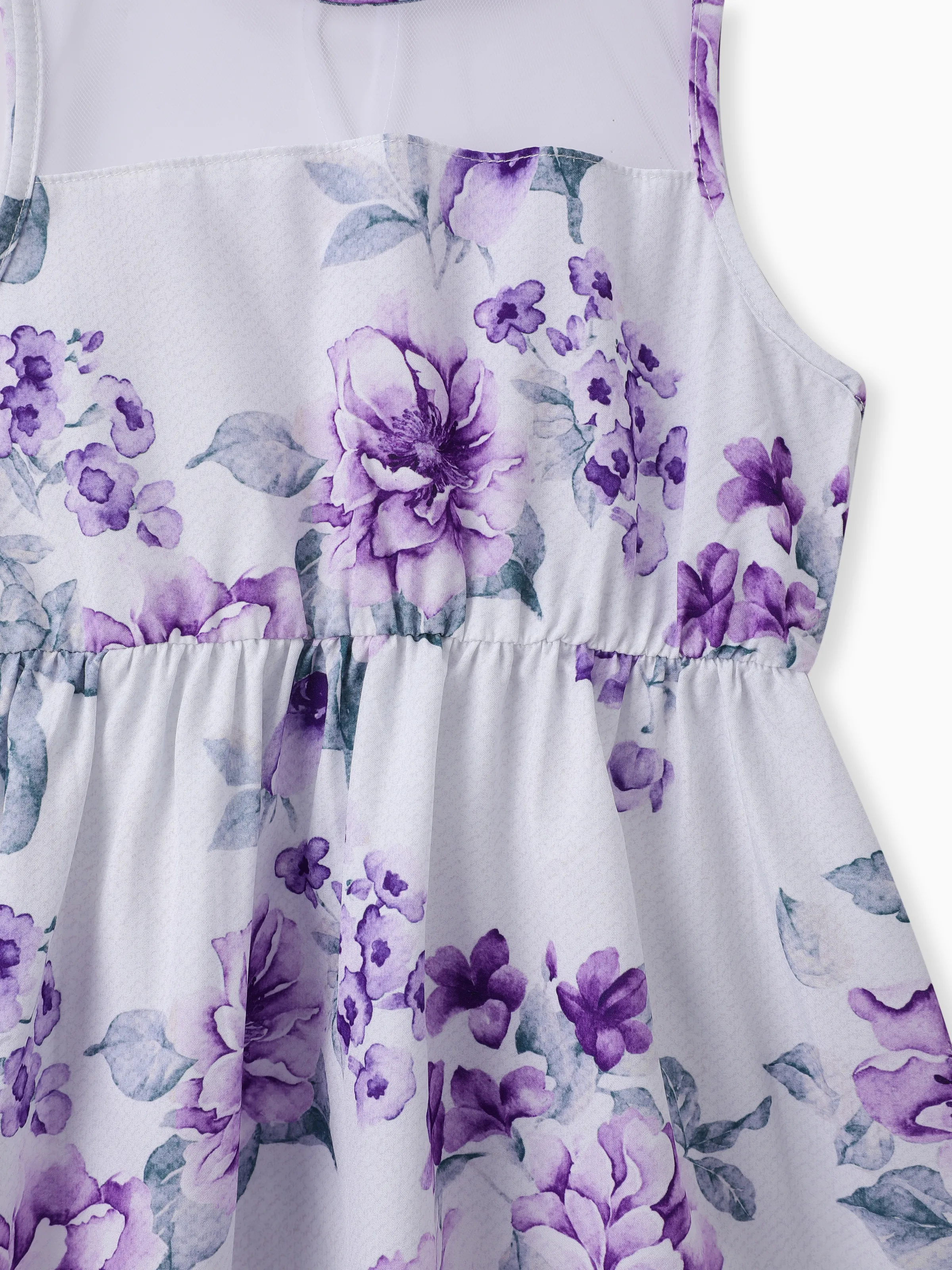 Kid Girl Floral Print Mesh Design Sleeveless Dress Purple - Image 4