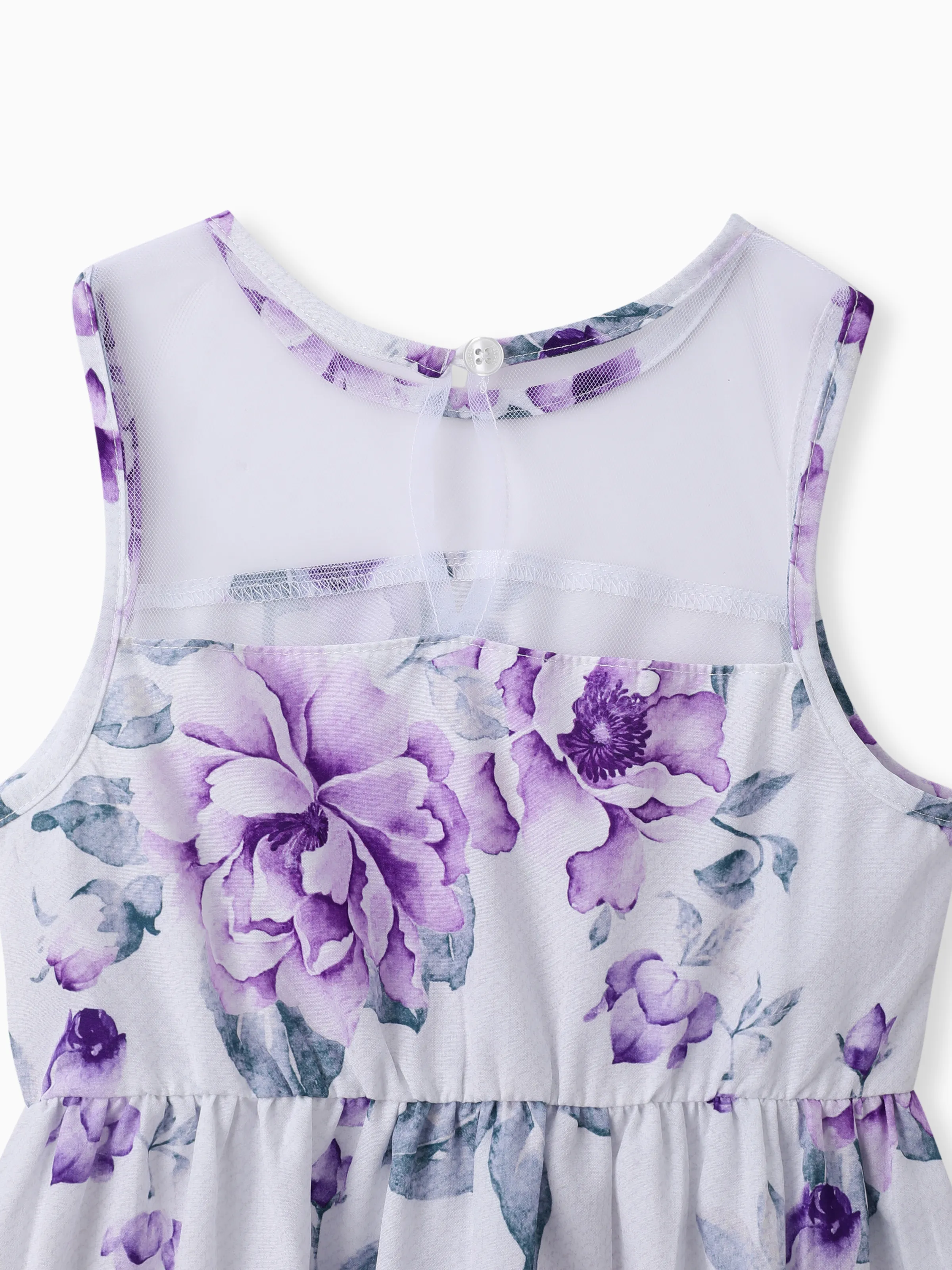 Kid Girl Floral Print Mesh Design Sleeveless Dress Purple - Image 6