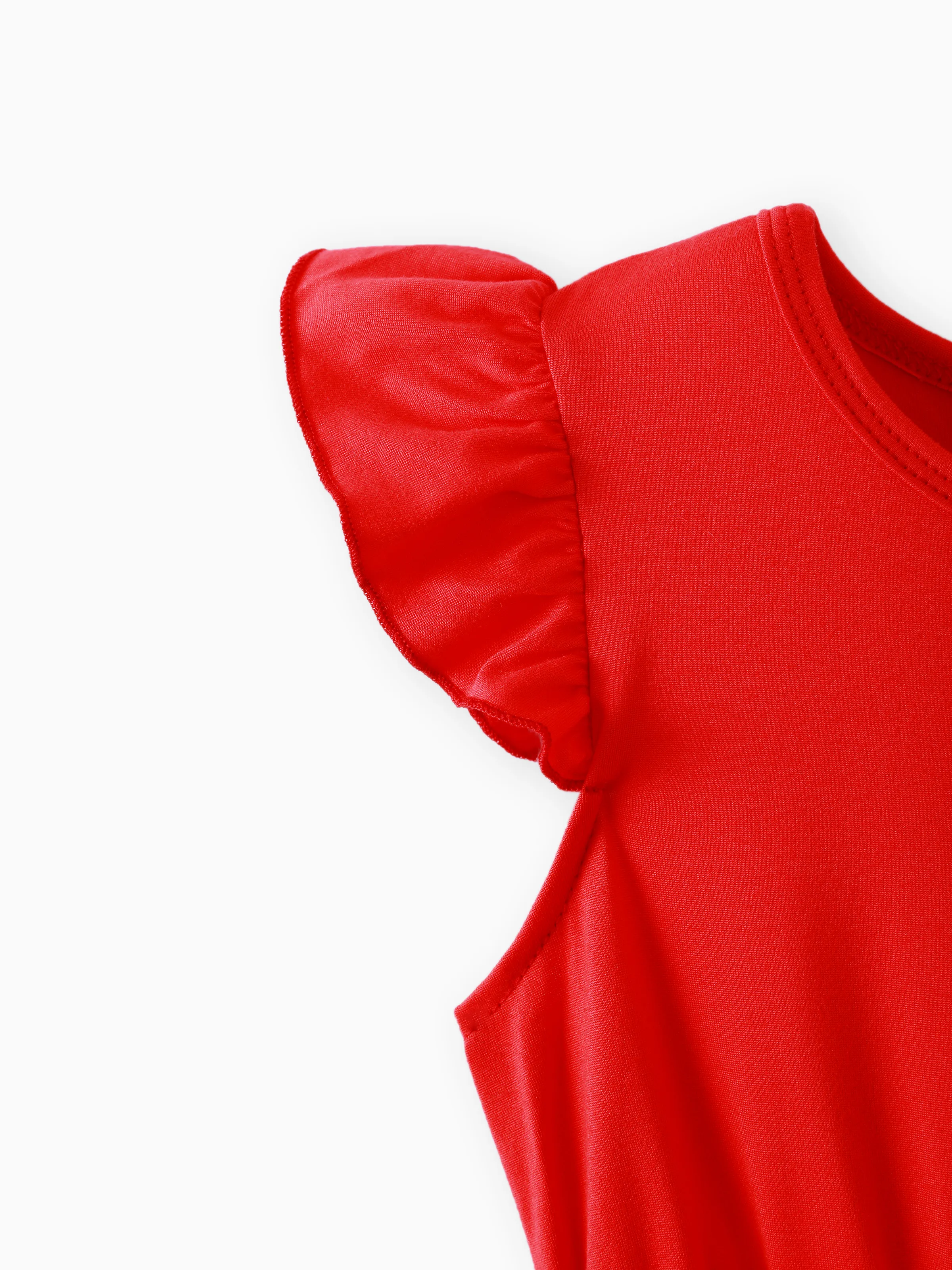 Kid Girl Floral Print Splice Belted Flutter-sleeve Dress Red - Image 4