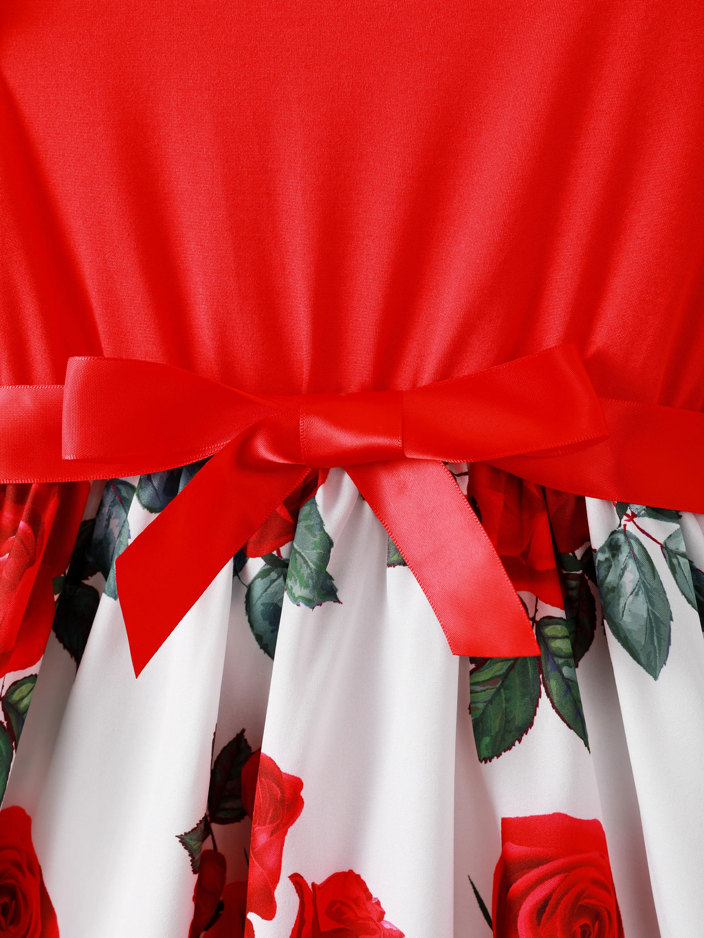 Kid Girl Floral Print Splice Belted Flutter-sleeve Dress Red - Image 5