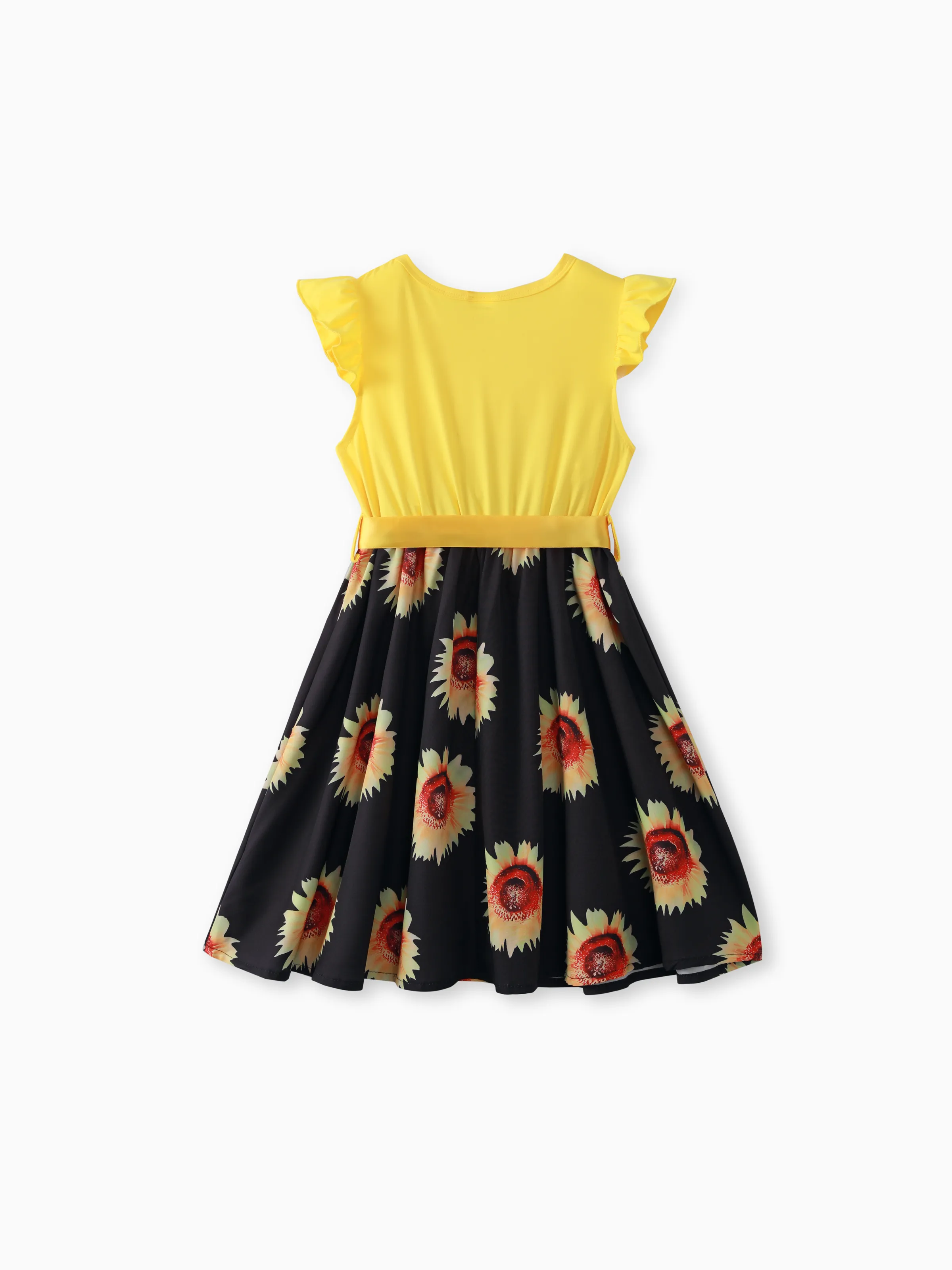 Kid Girl Floral Print Splice Belted Flutter-sleeve Dress Yellow - Image 3