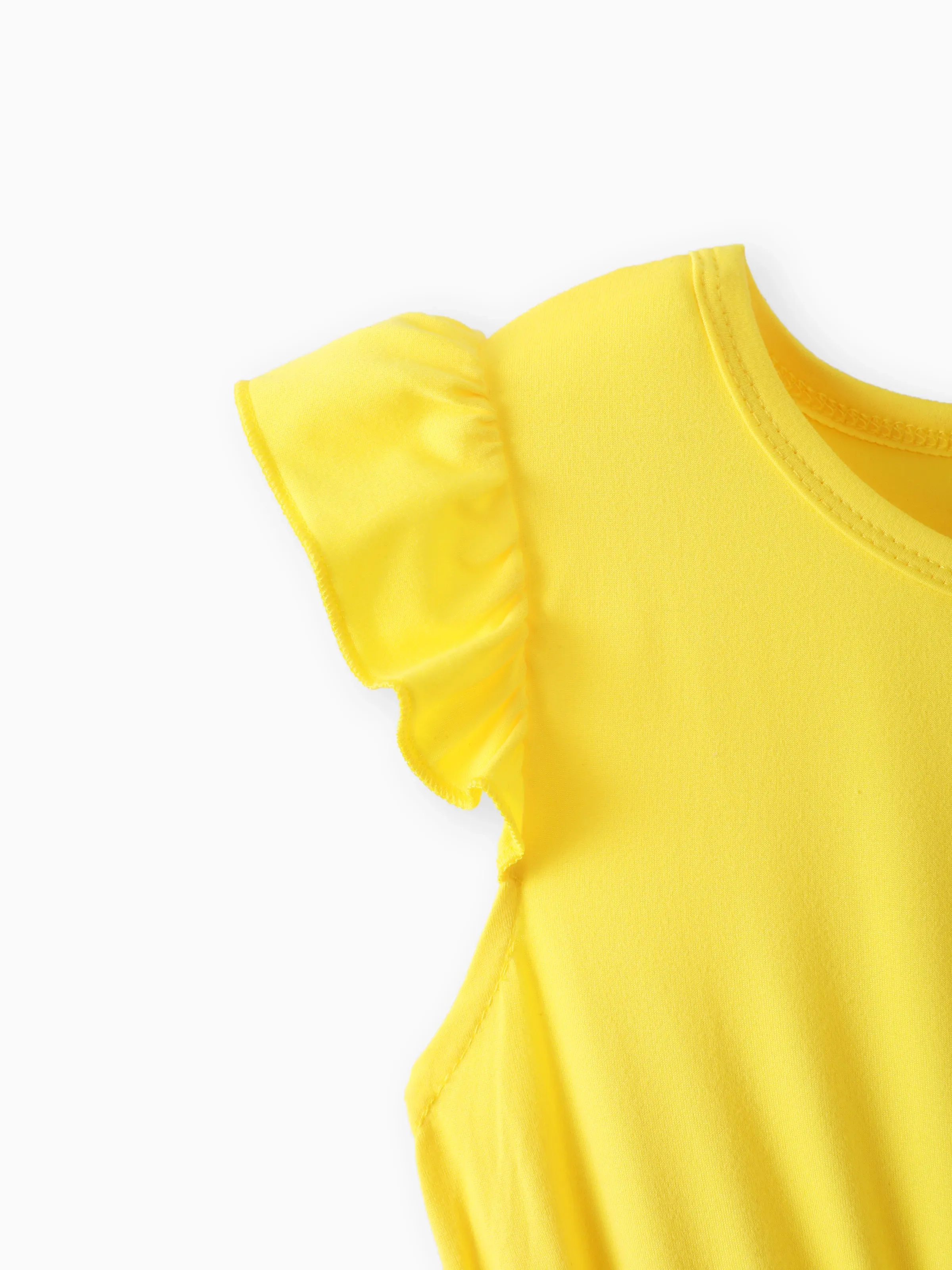 Kid Girl Floral Print Splice Belted Flutter-sleeve Dress Yellow - Image 5