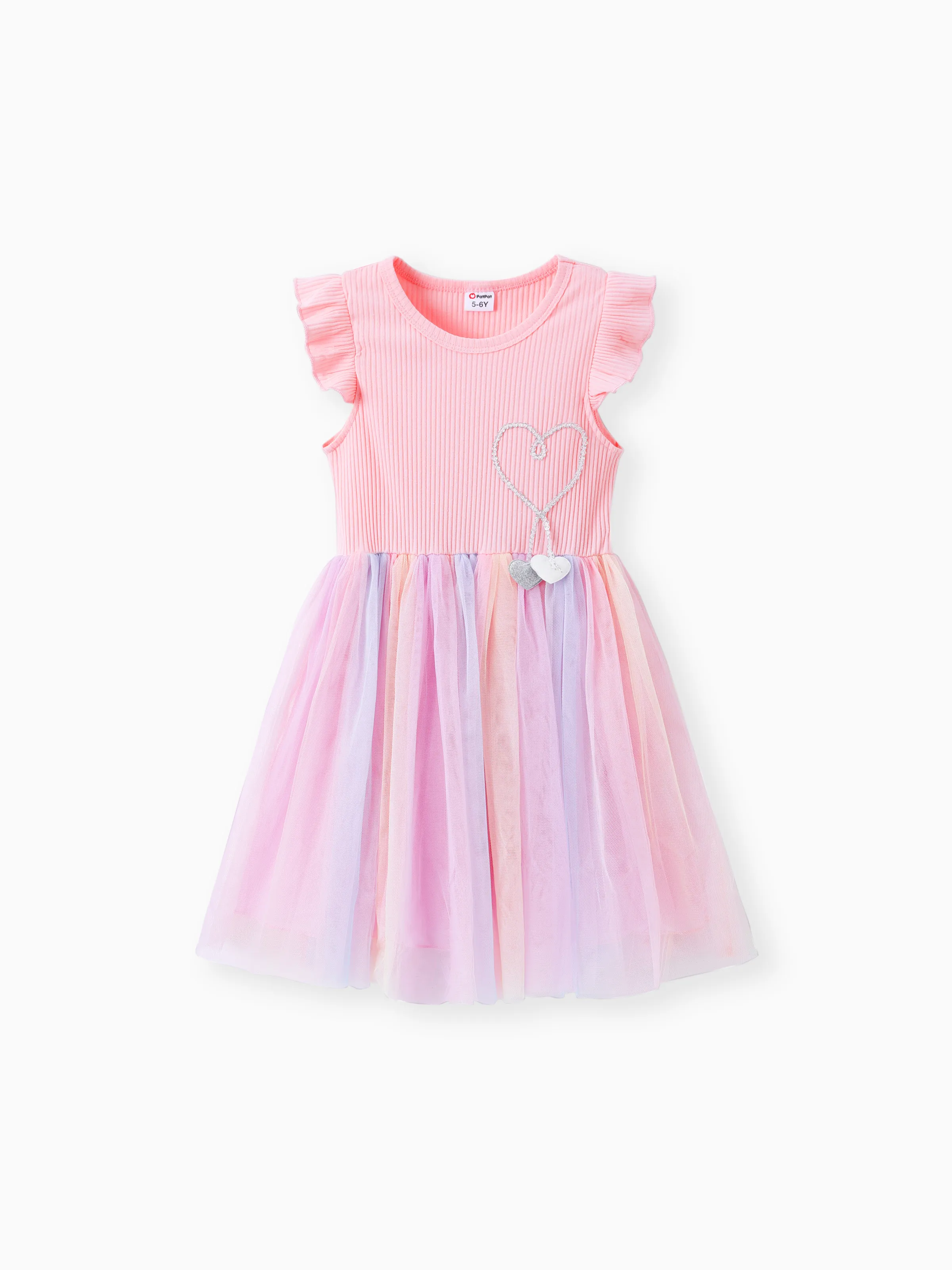 Kid Girl Princess Flutter-sleeve Heart Rainbow Mesh Fairy Dress Pink - Image 3