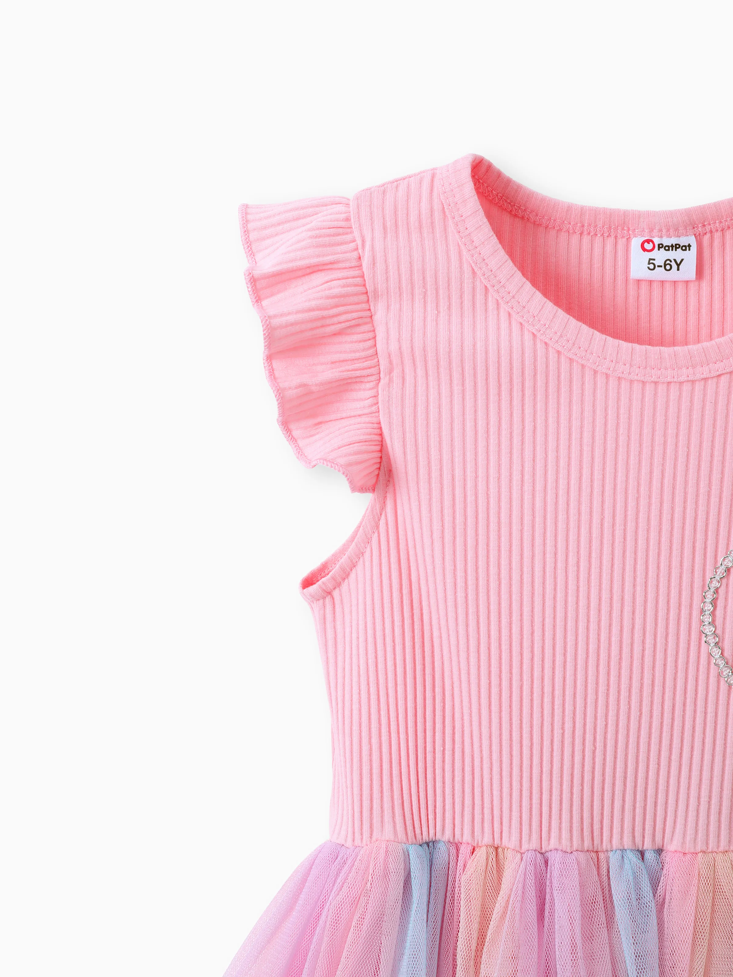 Kid Girl Princess Flutter-sleeve Heart Rainbow Mesh Fairy Dress Pink - Image 5