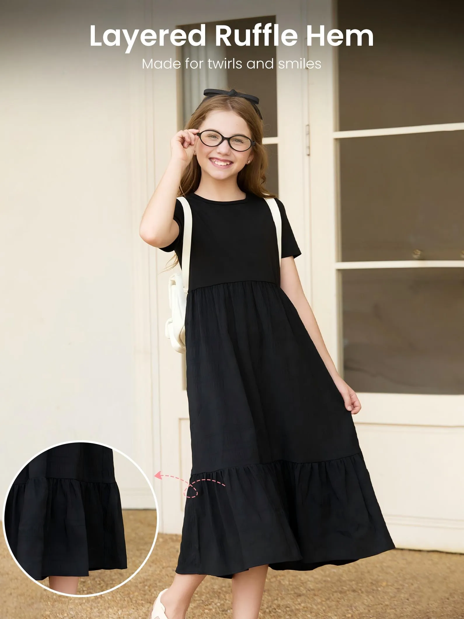 Kid Girl Ruffled Boho Casual Maxi Dress with Pockets Black - Image 5