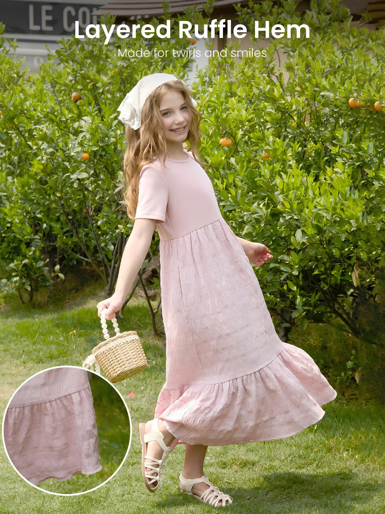 Kid Girl Ruffled Boho Casual Maxi Dress with Pockets Pink - Image 5