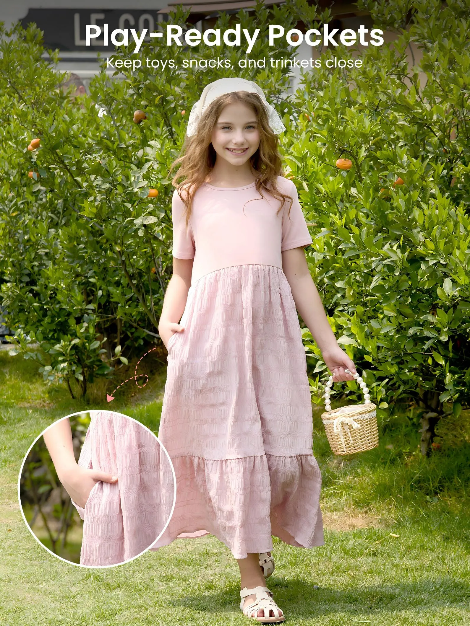 Kid Girl Ruffled Boho Casual Maxi Dress with Pockets Pink - Image 6