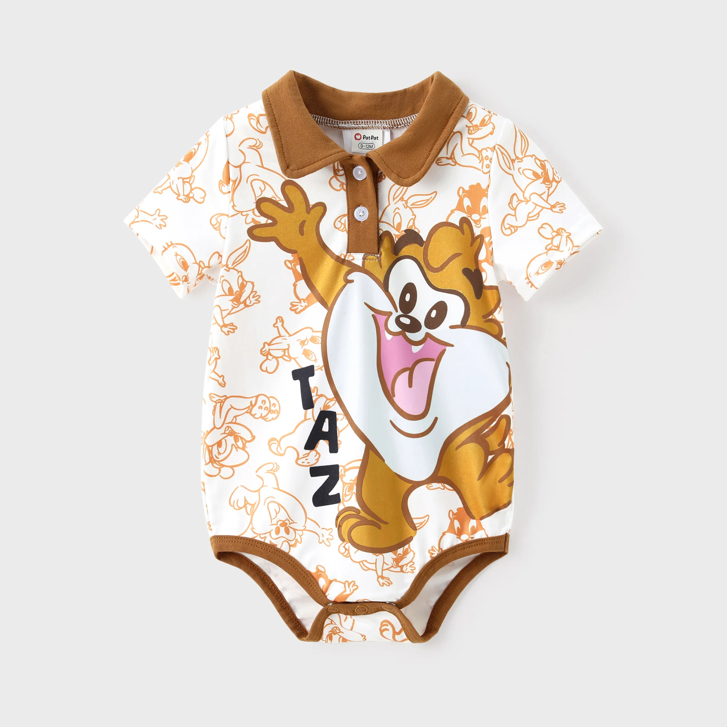 Looney Tunes Baby Boy Stitching Print Colorblock Polo Collar Jumpsuit Brown - Image 7