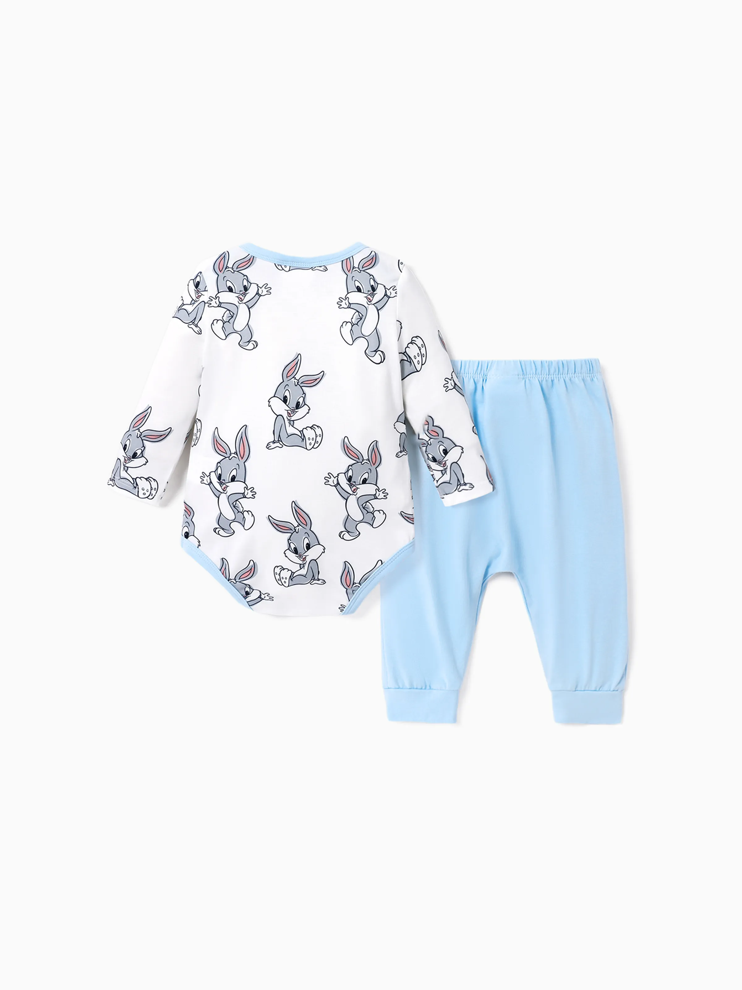 Looney Tunes Baby Boy/Girl Character Print Long-sleeve Bodysuit and Pant Sets Light Blue - Image 2