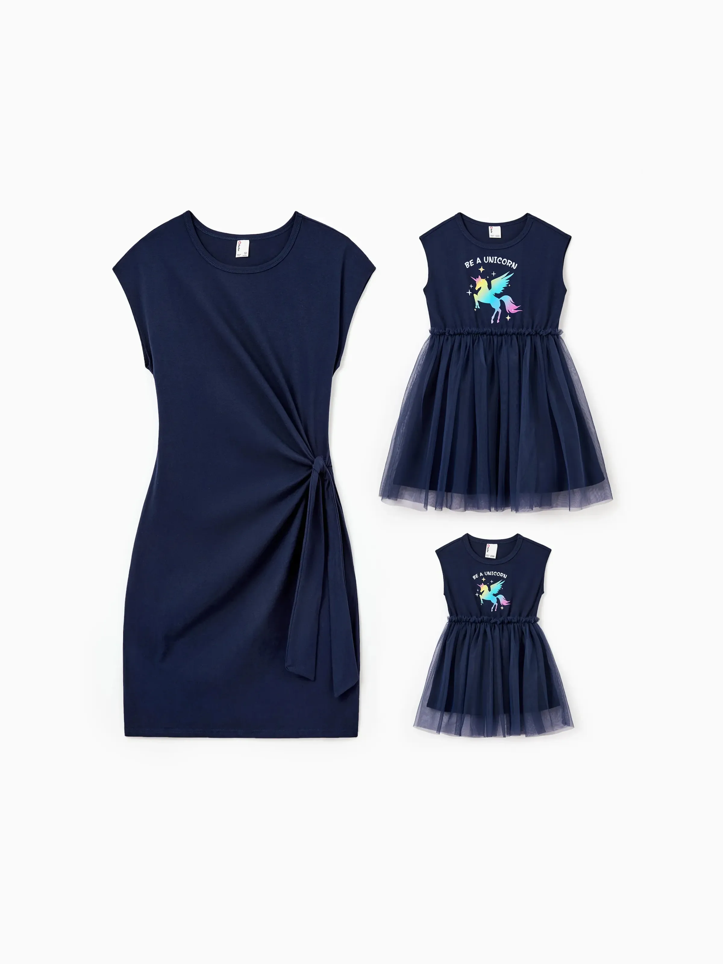 Toddler/Kid Girl Unicorn Print Cotton Knotted Dresses with Tulle Skirt for Girls, Perfect for Family Outings & Photos Deep Blue - Image 2