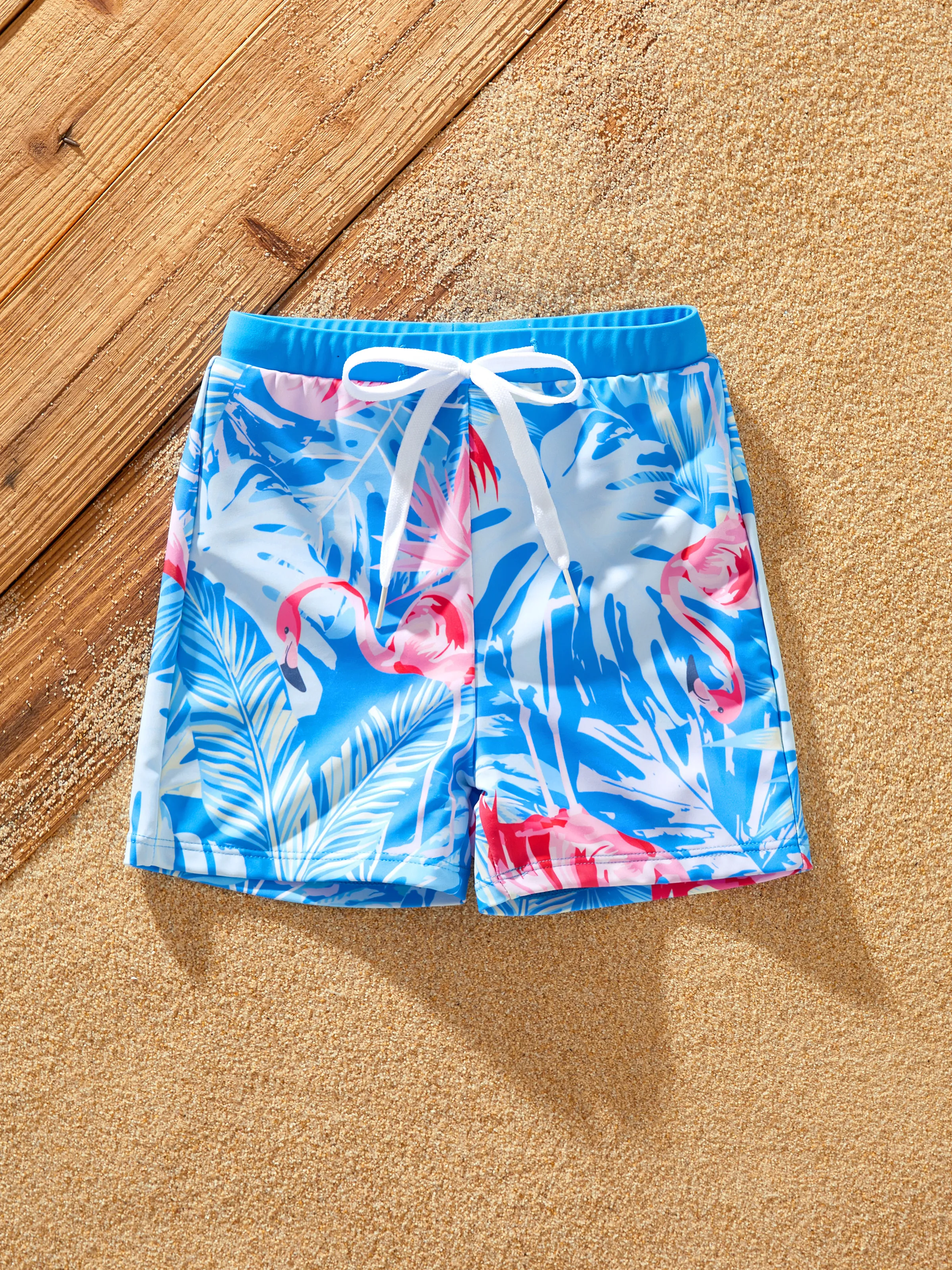 Matching Family Blue Swimsuit Flamingo Print Swim Trunks or Elasticized Mesh Splicing One piece Swimwear Blue - Image 12