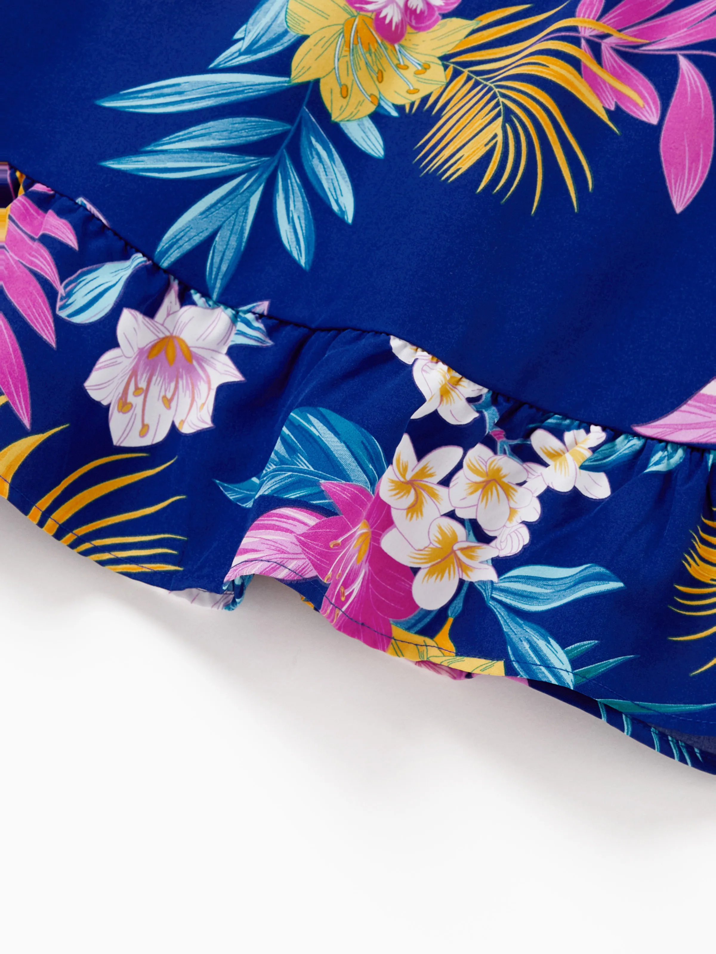 Matching Family Hawaiian Outfits Tropical Floral Print Strap Dress or Short-sleeve Shirts & Shorts Set Summer Beachwear Set for Vacation Deep Blue - Image 15