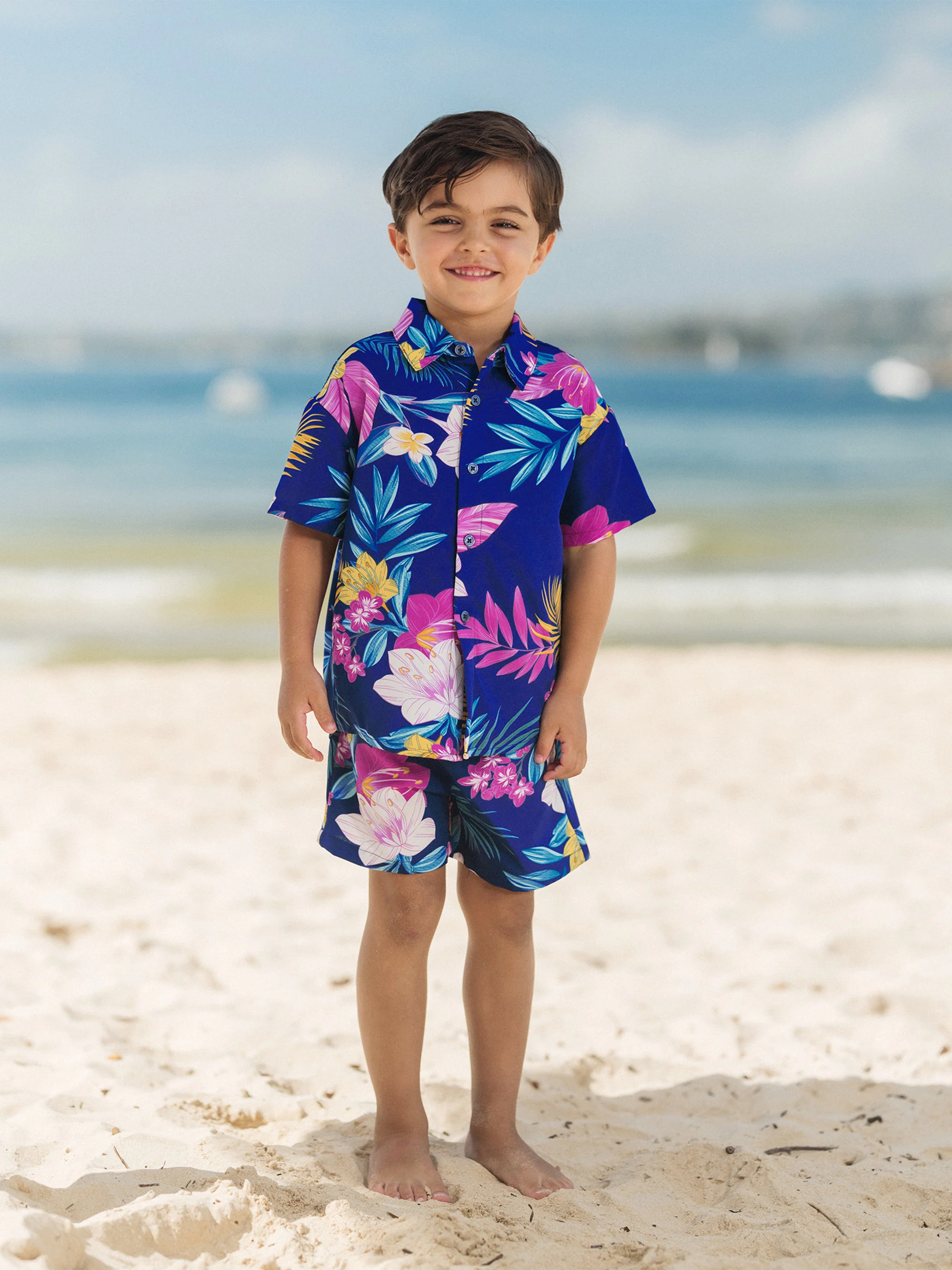 Matching Family Hawaiian Outfits Tropical Floral Print Strap Dress or Short-sleeve Shirts & Shorts Set Summer Beachwear Set for Vacation Deep Blue - Image 16