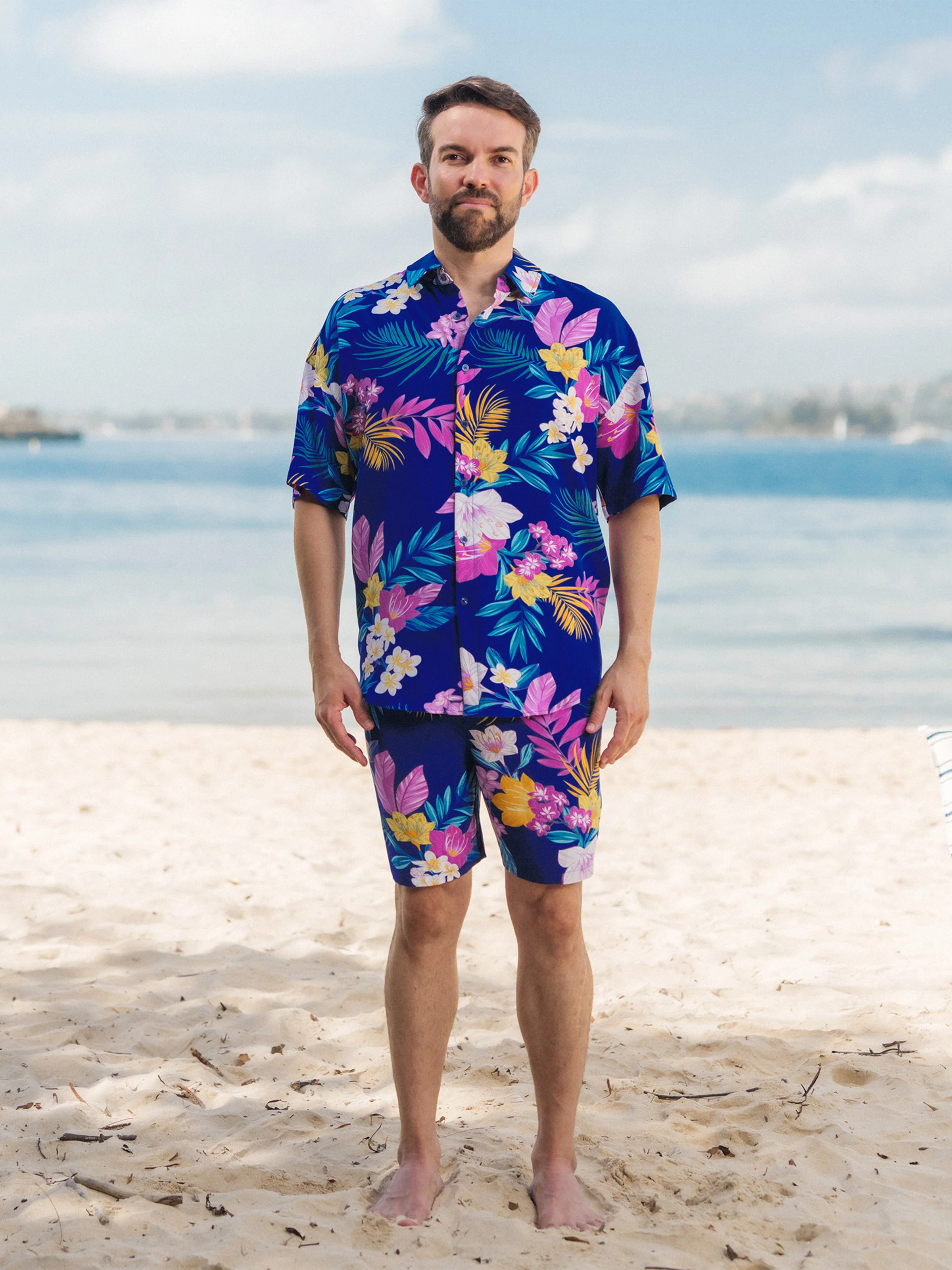 Matching Family Hawaiian Outfits Tropical Floral Print Strap Dress or Short-sleeve Shirts & Shorts Set Summer Beachwear Set for Vacation Deep Blue - Image 23