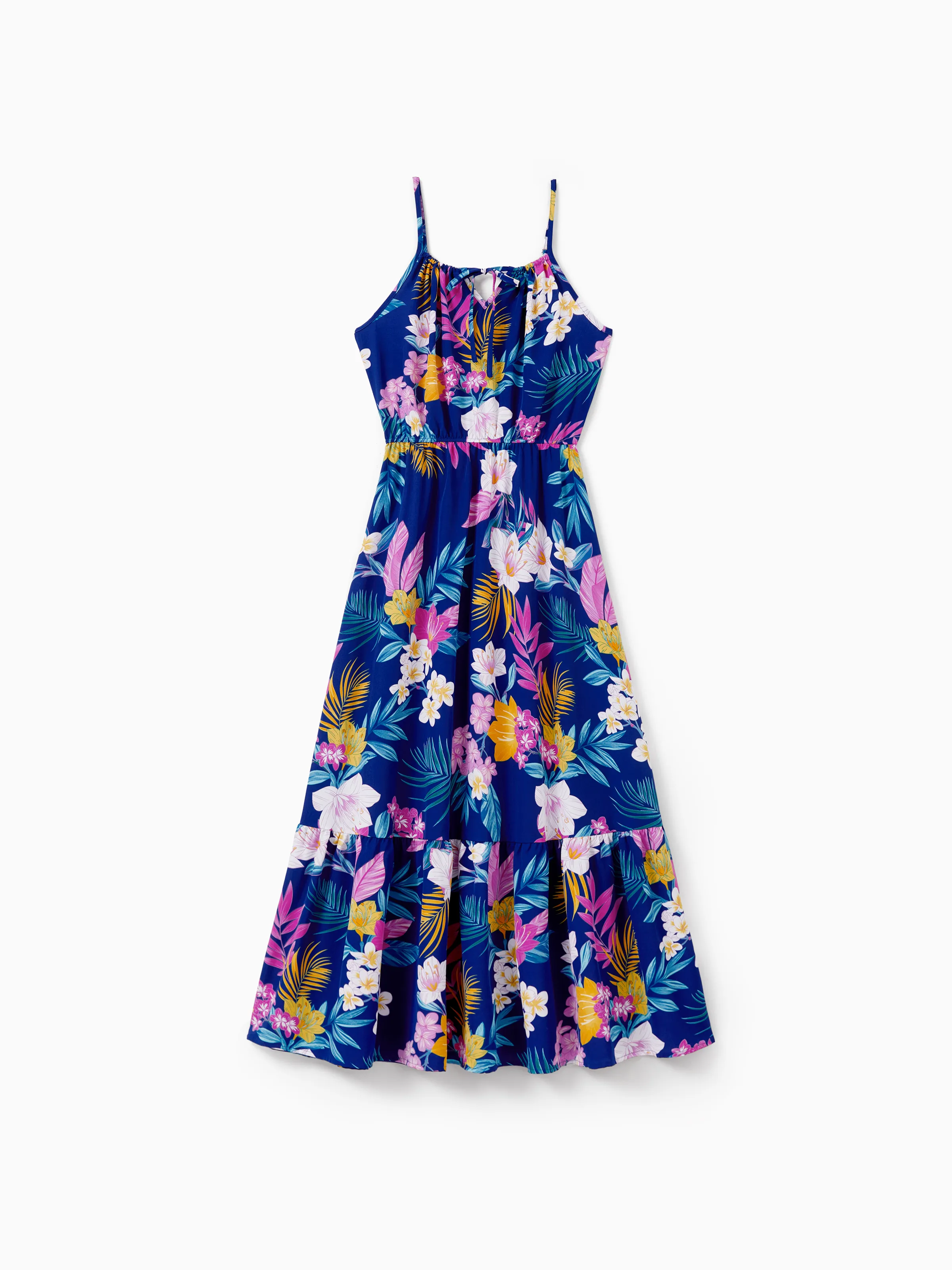Matching Family Hawaiian Outfits Tropical Floral Print Strap Dress or Short-sleeve Shirts & Shorts Set Summer Beachwear Set for Vacation Deep Blue - Image 5