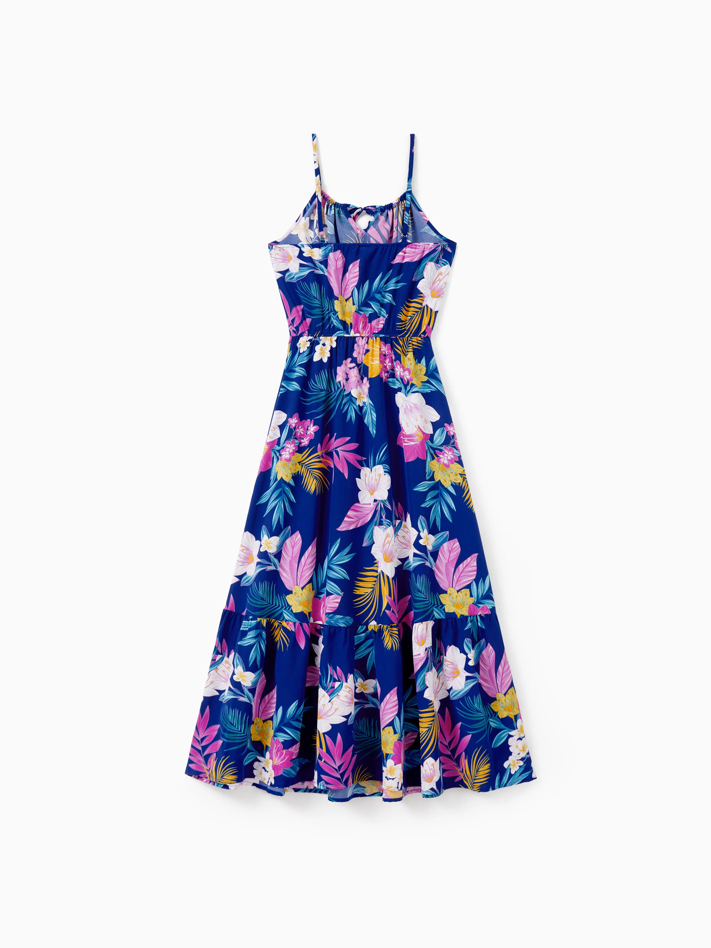Matching Family Hawaiian Outfits Tropical Floral Print Strap Dress or Short-sleeve Shirts & Shorts Set Summer Beachwear Set for Vacation Deep Blue - Image 6