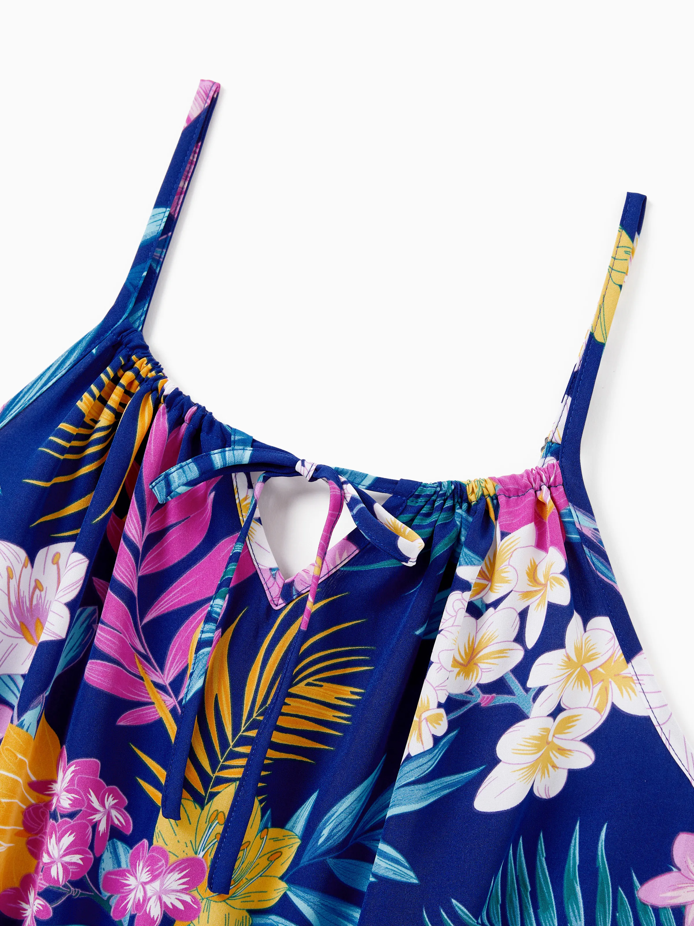 Matching Family Hawaiian Outfits Tropical Floral Print Strap Dress or Short-sleeve Shirts & Shorts Set Summer Beachwear Set for Vacation Deep Blue - Image 7